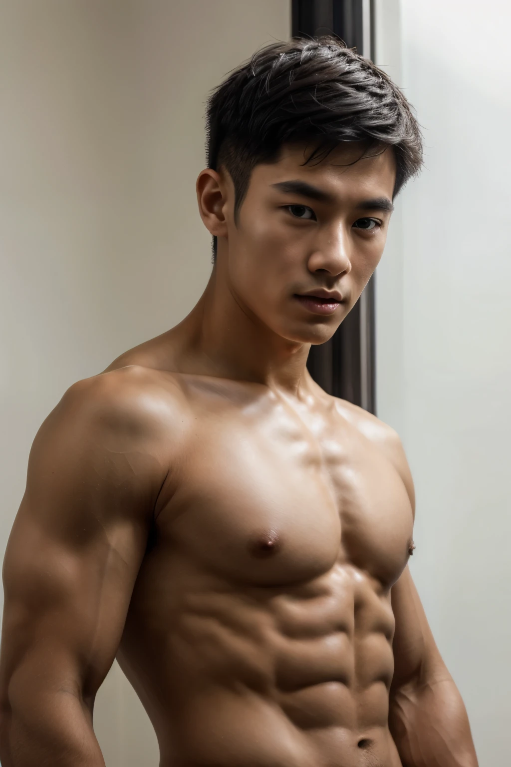 short detailed hair,Naked body,Chinese boy, musculature,Black hair,serius face,Handsome boys,