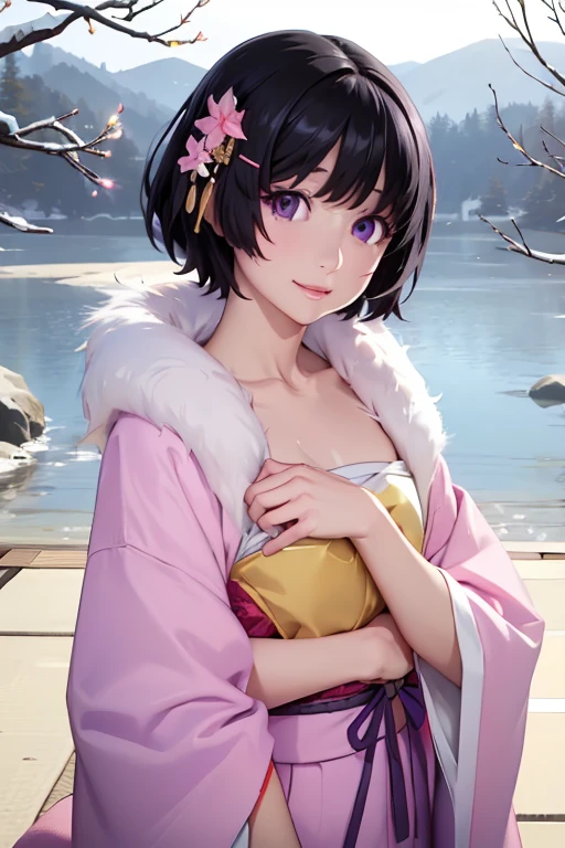 Very detailed CG Unity 8K wallpaper, Cute One lady, Mature hair、lady ,beautiful lady, pale skin (Super masterpiece, Beautiful person, well detailed face polluted smile, Photorealistic, hyper realisitic), Colorful winter kimono in pink and white colors、(white fur)、Japanese Style Hair Accessories、smile、Japanese background with light pink flowers and snow、Portrait、(ref Eyes)、(flat chest:1.3)、(Glowing Skin:1.7)、Detailed eyes、Big eyes、Open your mouth、Hide your arm、
(hanekawa02:1.5, short hair, black hair, hair ornament, purple eyes, hairclip)