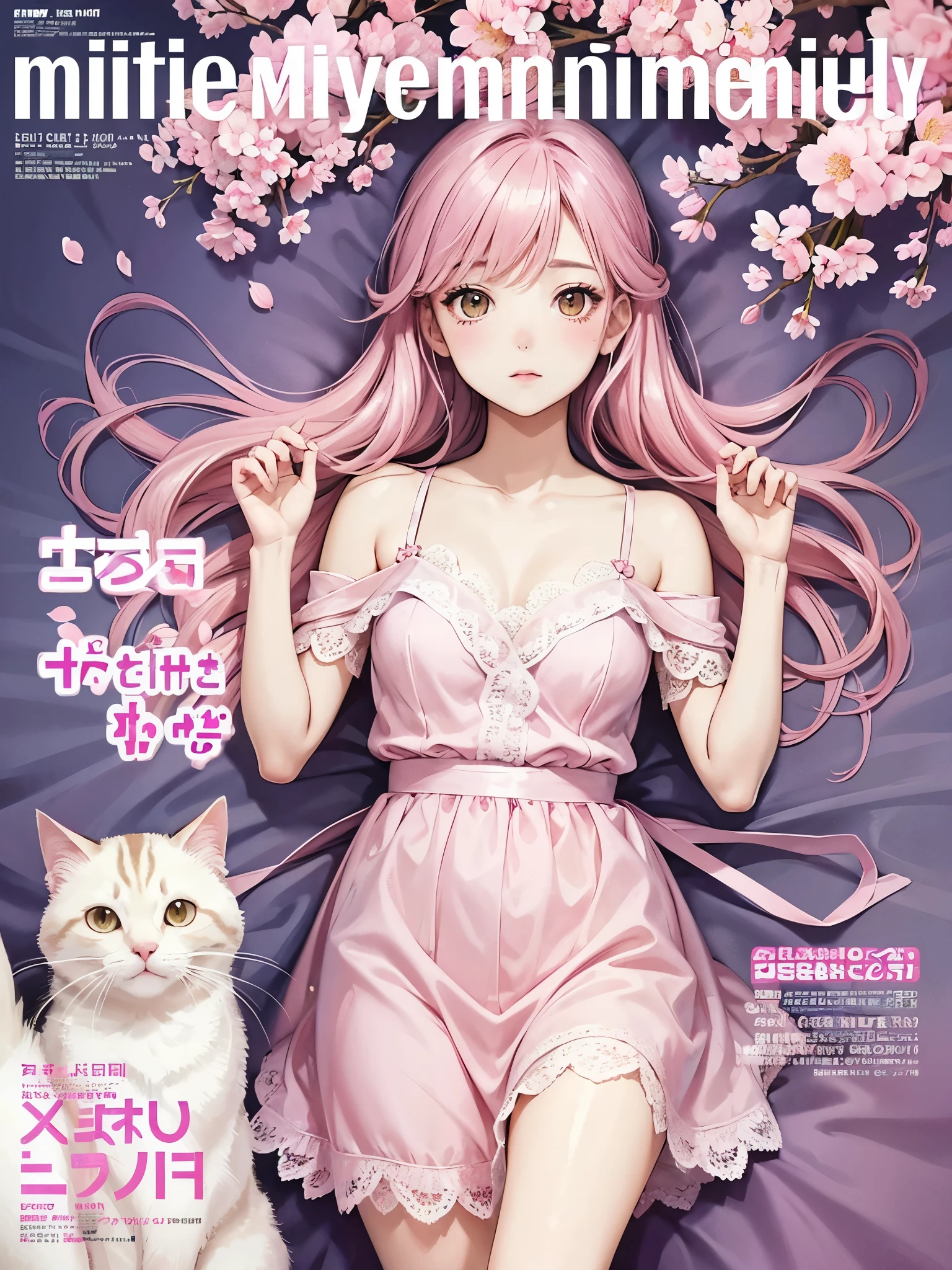 Cat with pink ribbon、Pink Hair、masterpiece, highest quality,Kimoto_cherry blossoms, Girly style, Lace dress, ballet flats, delicate accessories, Young and beautiful girl, Super detailed, Official Art, unity 8k wallpaper, (Fashion magazine cover:1.3), .