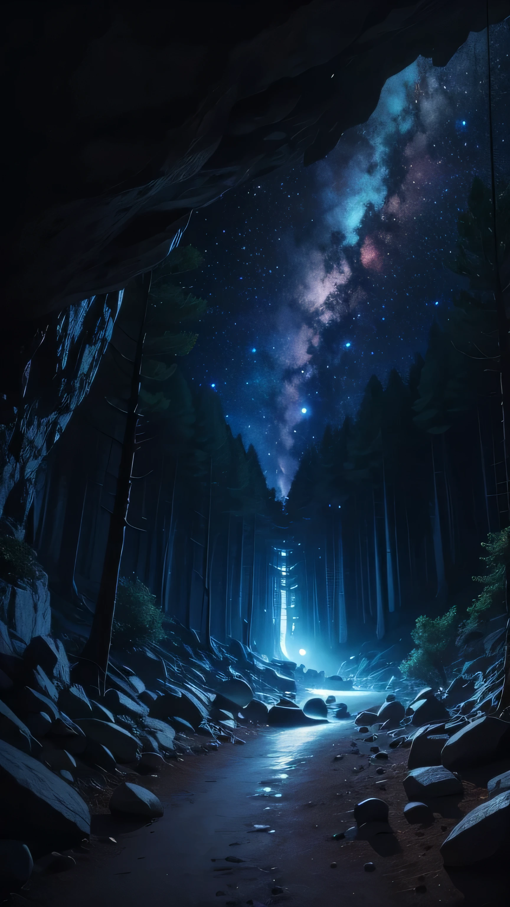 cave, forest, night sky, 8k