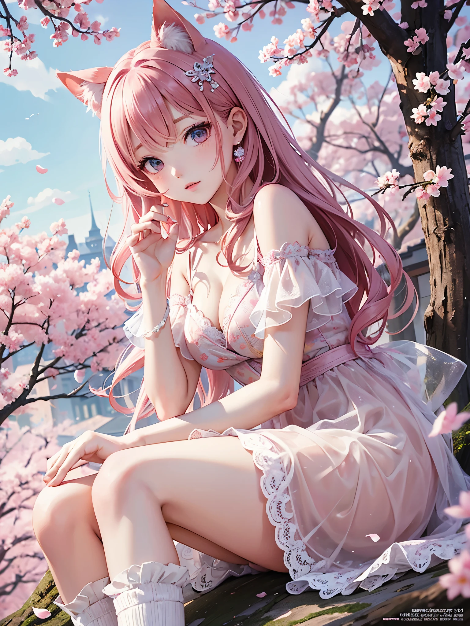 Cat with pink ribbon、Pink Hair、masterpiece, highest quality,Kimoto_cherry blossoms, Girly style, Lace dress, ballet flats, delicate accessories, Young and beautiful girl, Super detailed, Official Art, unity 8k wallpaper, (Fashion magazine cover:1.3), Octane Render,