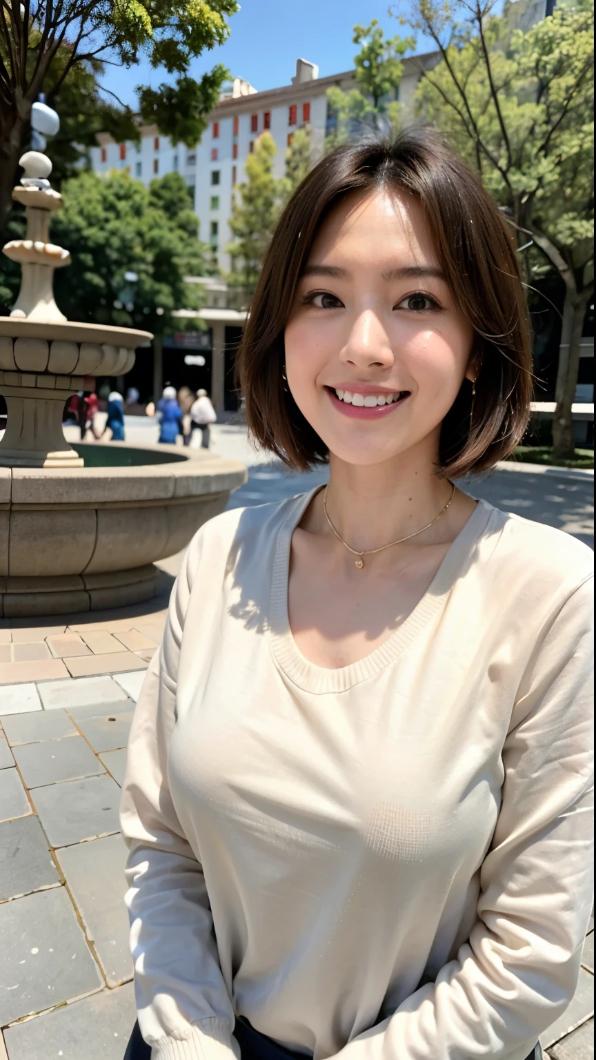 (highest quality, 8k, 32k, masterpiece, Ultra-high resolution:1.2),Beautiful Japanese Women Photos, Large Breasts, Very short bob hair,whole body,White sweater, necklace, Simple Background, From above, View your audience,smile、(In front of the fountain in the park:1.2)、(Illuminated by the morning sun:1.4)