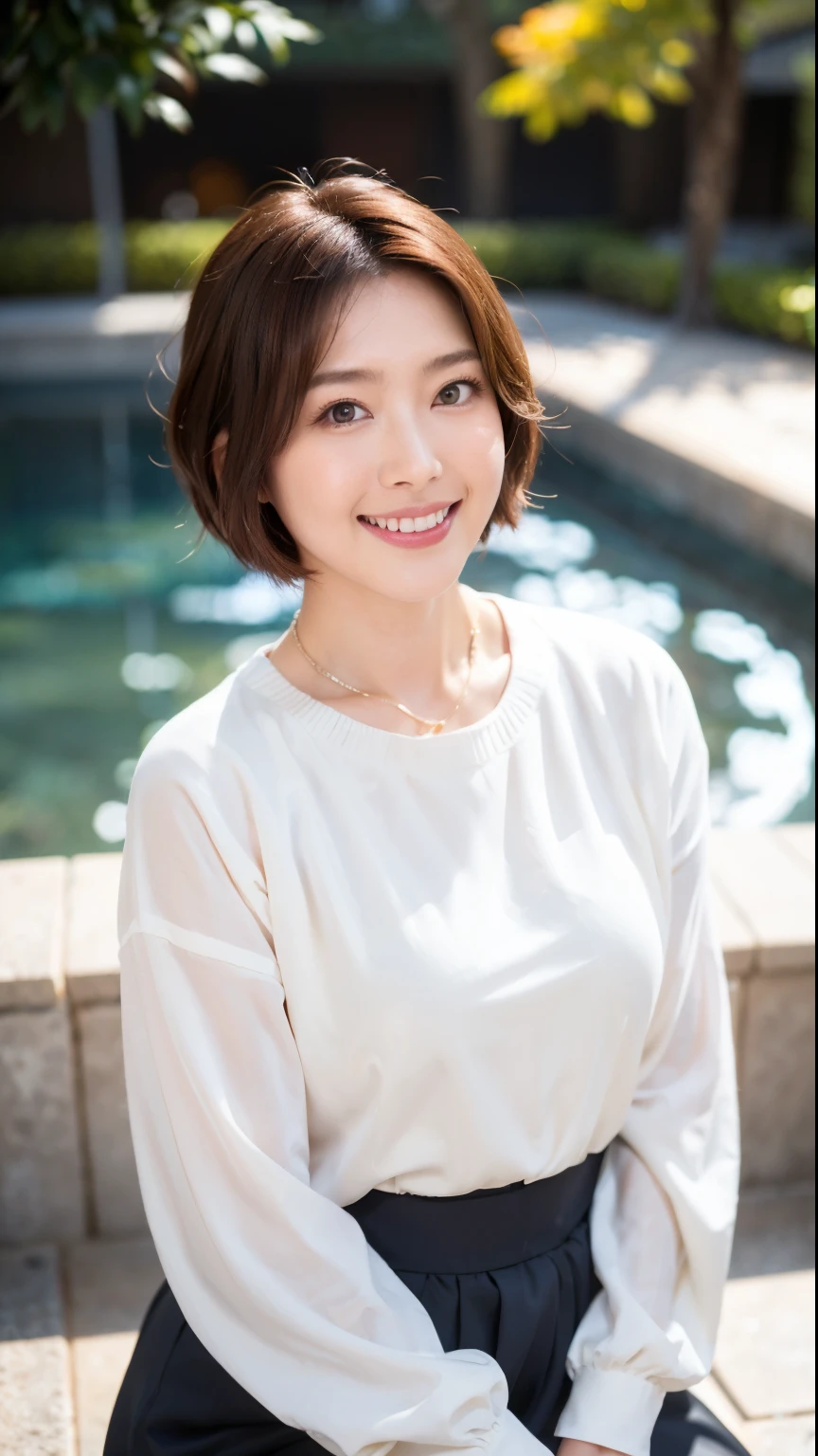 (highest quality, 8k, 32k, masterpiece, Ultra-high resolution:1.2),Beautiful Japanese Women Photos, Large Breasts, Very short bob hair,whole body,White sweater, necklace, Simple Background, From above, View your audience,smile、(In front of the fountain in the park:1.2)、(Illuminated by the morning sun:1.4)