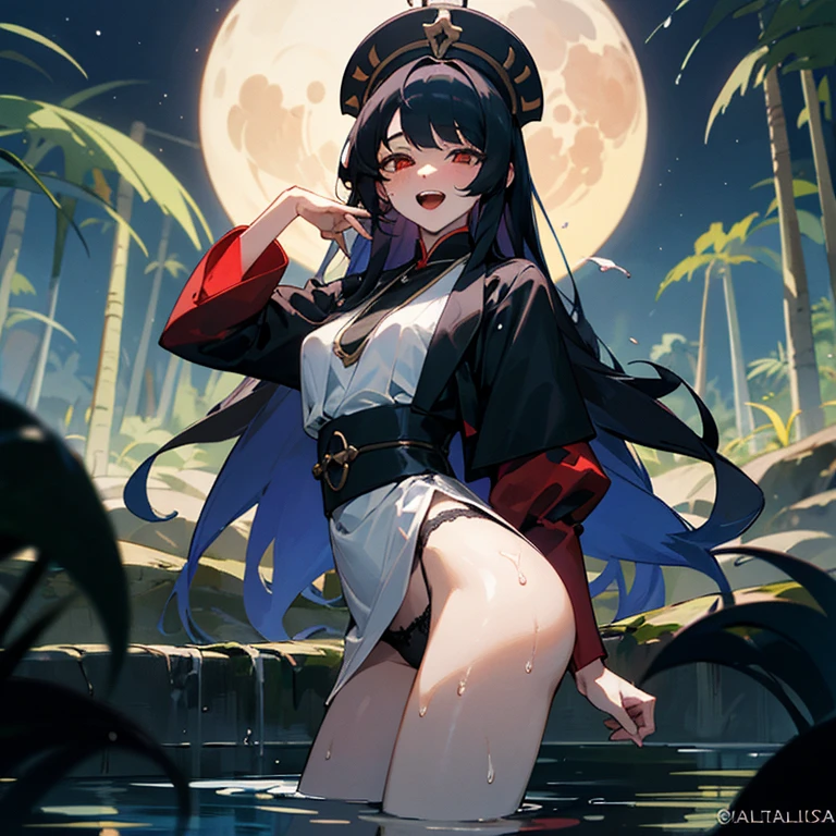 ((mejor calidad)), ((Obra maestra)), (detallado), cara perfecta, Joven de cabello negro largo y lacio, ojos rojos, pale skin, asian factions, 19 years, esbelta, busto mediano, bonitas curvas, estilo anime, elegante, only character in the image, red eyes, waiting for you, cute face, sexy, in love with the viewer, black hair, drunked, orgasm face, horny, wet, black micro panties, wet clothes, night, in middle of the forest, heretic ritual, white blouse, doing a ritual, night, moon light