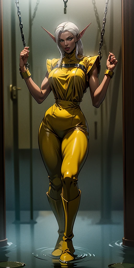 Pirotess dark elf. girl handuffed and bound in chains in jail wearing an yellow prison jumpsuit and green Hunter rubber boots, fullbody view, hands on glass breasts on glass ass on glass window fog water drop