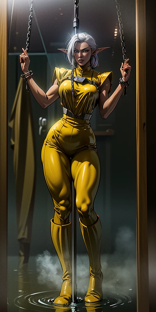 Pirotess dark elf. girl handuffed and bound in chains in jail wearing an yellow prison jumpsuit and green Hunter rubber boots, fullbody view, hands on glass breasts on glass ass on glass window fog water drop