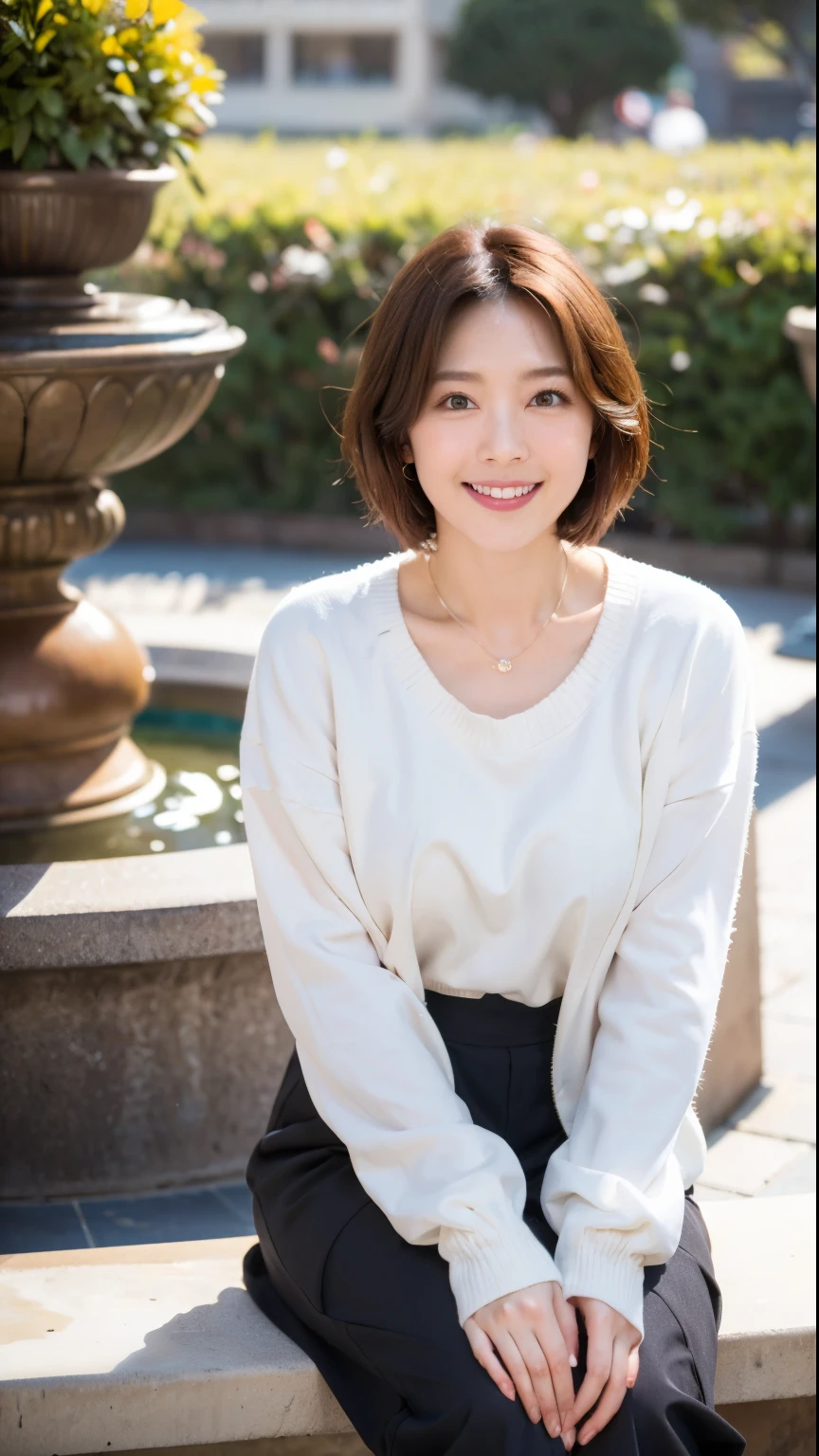 (highest quality, 8k, 32k, masterpiece, Ultra-high resolution:1.2),Beautiful Japanese Women Photos, Large Breasts, Very short bob hair,whole body,White sweater, necklace, Simple Background, From above, View your audience,smile、(In front of the fountain in the park:1.2)、(Illuminated by the morning sun:1.4)