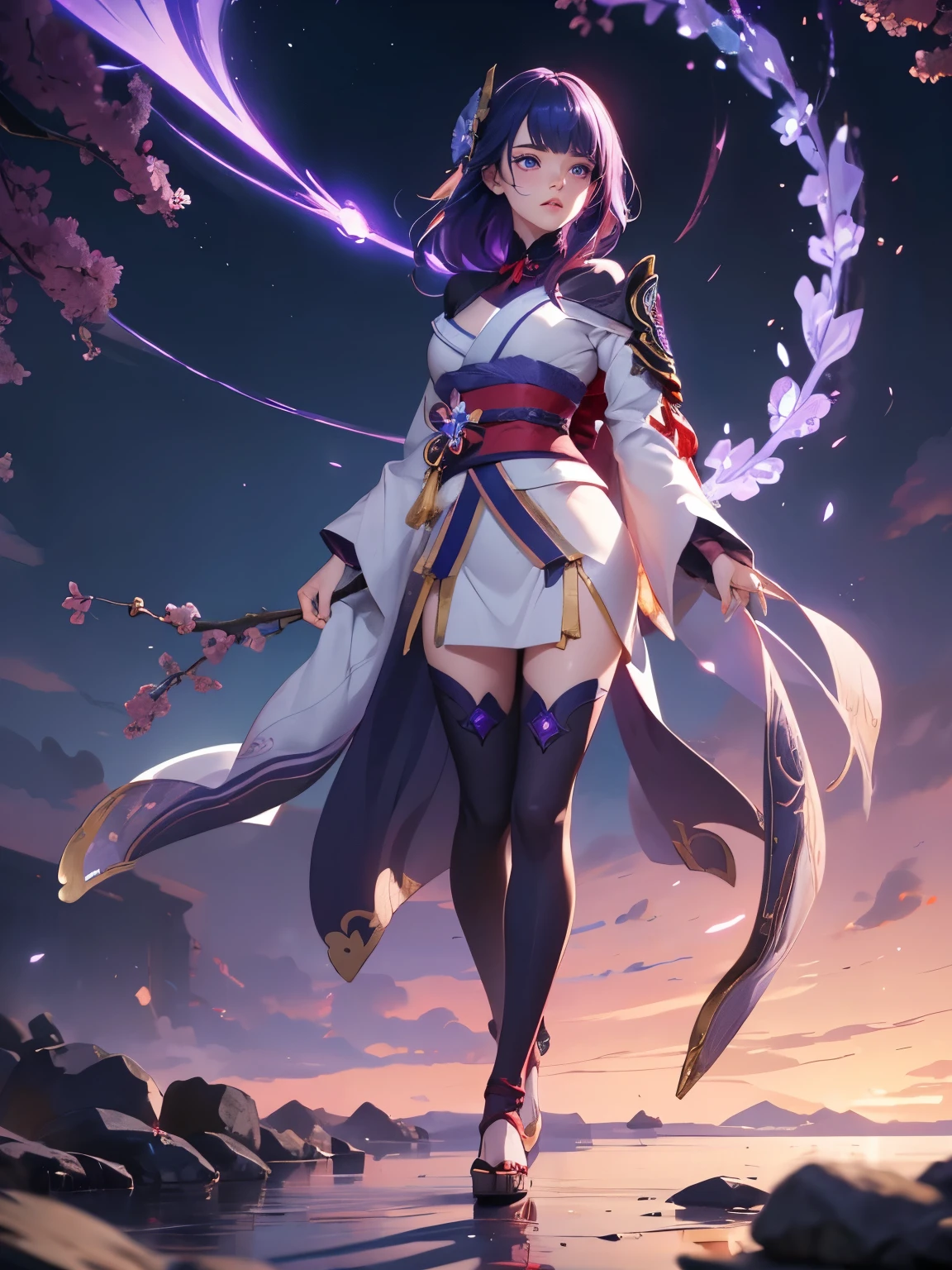 ((Full body images:1.4))Japanese Temples, (highest quality，Realistic,masterpiece:1.2，8k wallpaper:1.2)，((Pale skin))，One girl，Solo Female，((Genshin Impact_Impact，General Raiden))，Lightning particles，Purple Lightning，Light background，Cherry tree，Purple Theme，Delicate facial features，Sexy and beautiful anime girls，General Raiden，Long purple hair，Rosy lips，Anime Mouth，Keep your mouth shut，(Very sad face)，Fine grain，Big body type，

