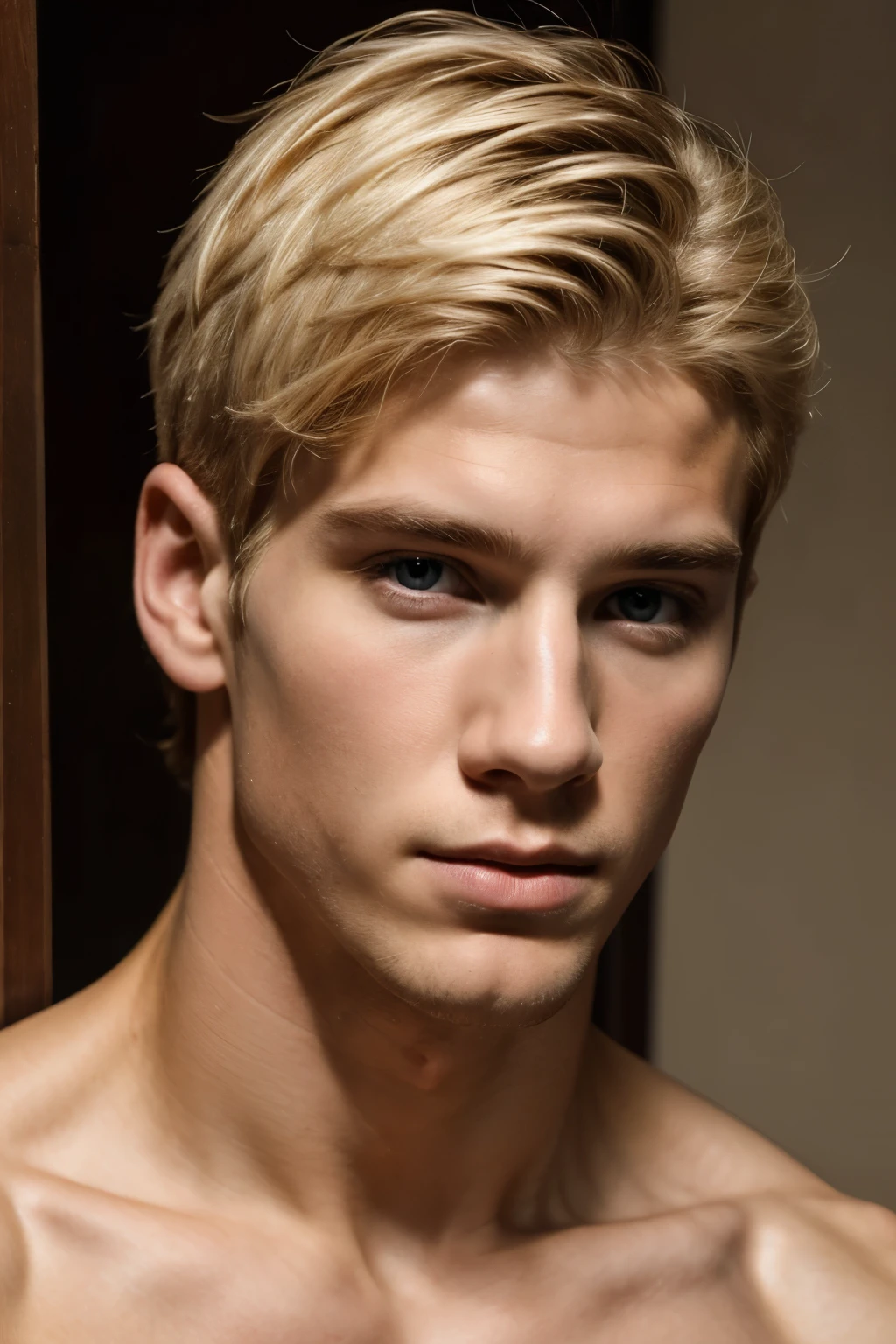 short detailed hair，Naked upper body，white skin,  musculature, blonde hair，serius face，Handsome boys，