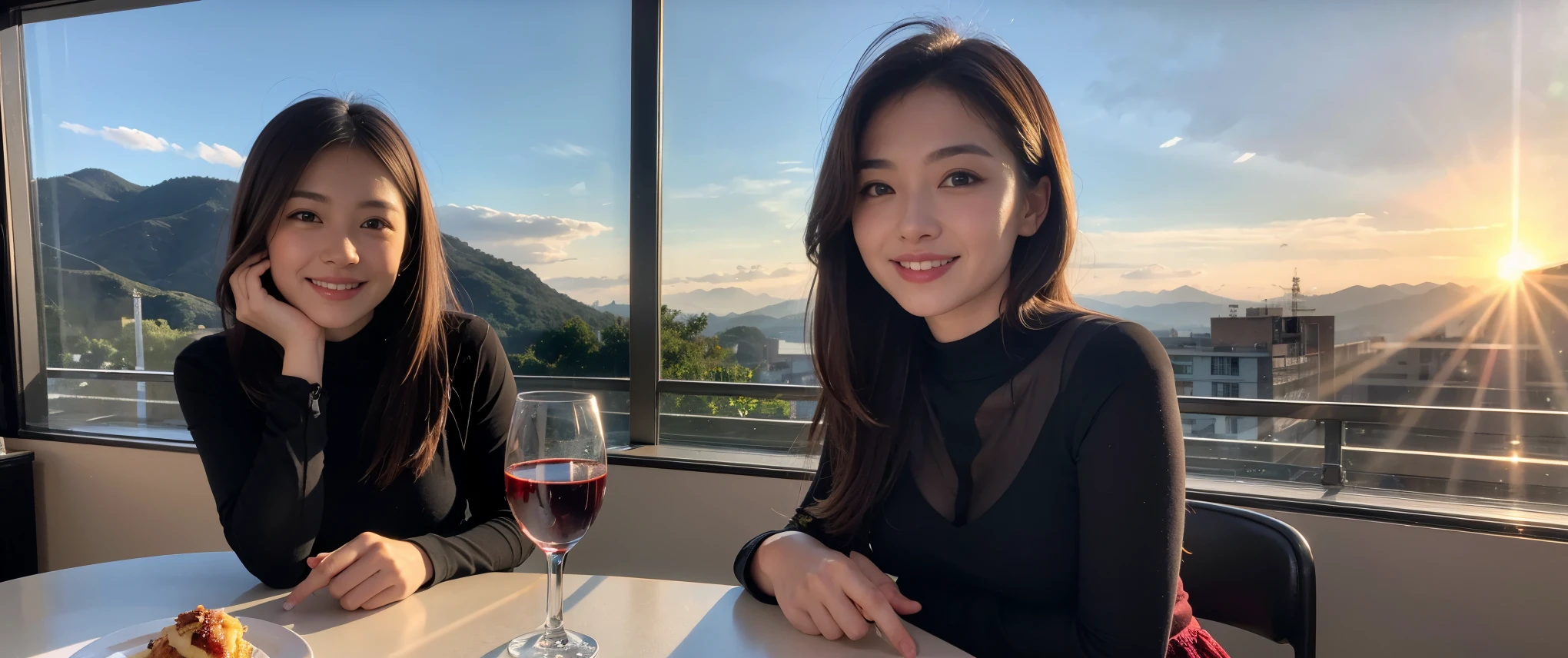 ((highest quality、8k、masterpiece:1.3))、Sharp focus:1.2、Beautiful woman perfect body:1.4、slimなボディ、((Bob Hale、Straight hair:1.2))、(to be born, highest quality, masterpiece:1.5), (Realistic, Intricate details:1.2), Ultra-high resolution, Amazing view of the sunset sky and clouds、Amazing mountain views、ニコニコ明るいsmile、smileの素敵な女性、Bright image、2. The beauty of wine, Beautiful Face, blue eyes, The light shines on your face, Blushing, short hair,Bright Face、Fox face、 (36 years old), 39 years old, Lady、red wine 、Appetizers、Italian food、Wine bottle、Champagne、sparkling wine、Two beauties、Brown Hair、Shortcuts、Long sleeve shirt、dress、Pretty Woman 1, (slimな顔), (The body is slim), (Brown Hair), (Shortcuts), cheeks turn a little red,Attractive beauty、, Out of the window, A beautiful and detailed night view unfolds.........., restaurant, In a prominent place (From the waist up) Nova Frog Style, actress, model, Upper Body, White wine, slim, wine glass, 真ん中に置かれたwine glass, smile, (smile: 1.15), Beautiful fine grain, Depth f/2,saturation, High Contrast, Strong light and shadow,Moist Body:1.5、3D texture、Delicate eyes、Brown Hair、The hair is very shiny、