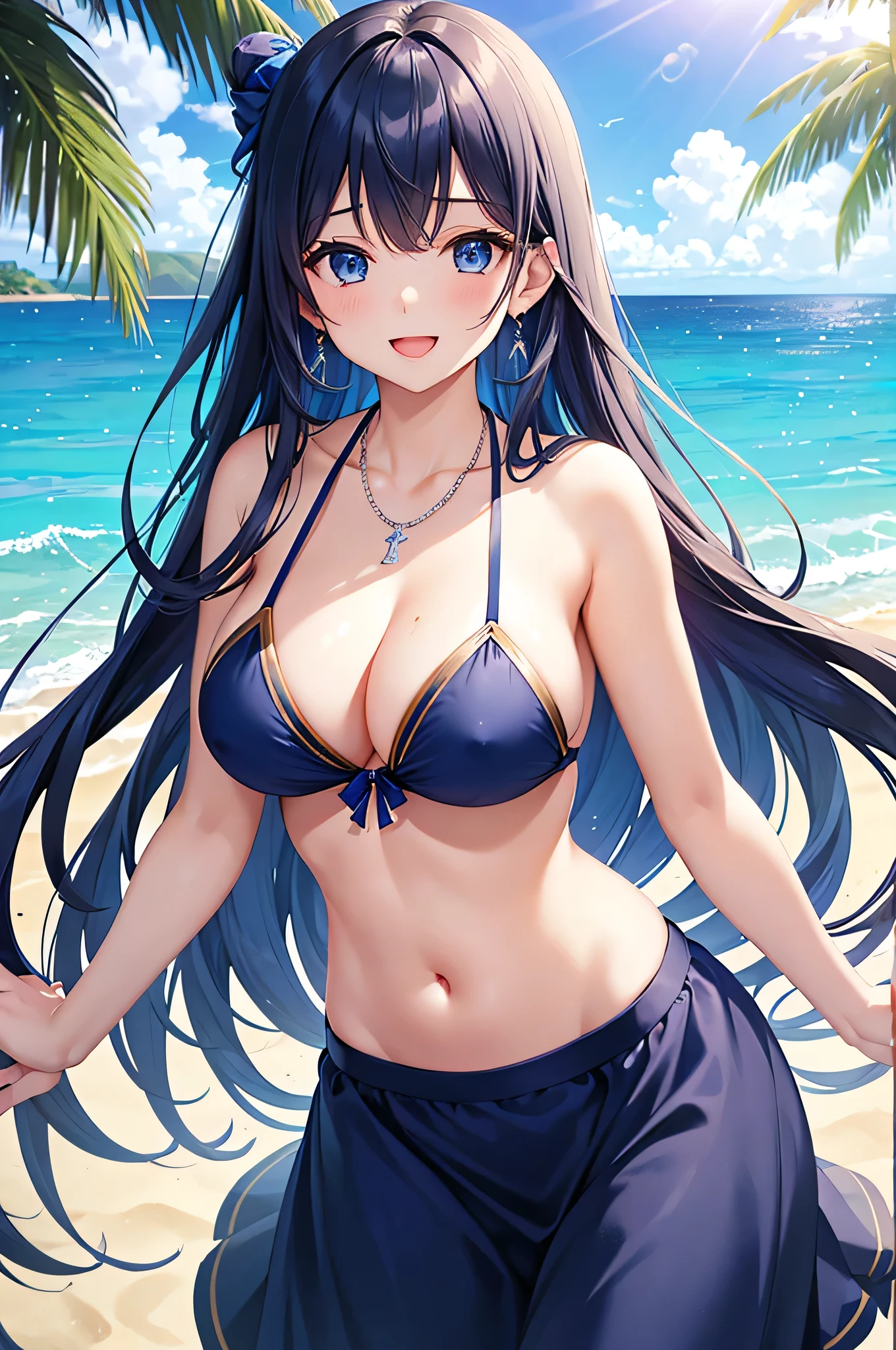 highest quality、Best image quality、masterpiece、beautiful girl、Navy blue long hair、blue eyes、Navy Blue Bikini、Big cleavage、(Big Breasts)、smile、blue necklace、Blue Earrings、background(Beach)、Sexy pose、Please open your mouth wide、Navy Blue Skirt