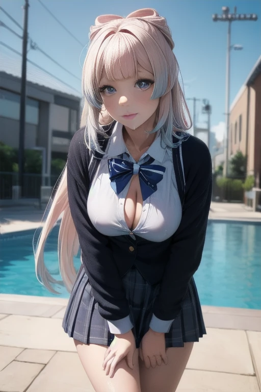 very cute and beautiful girl,tall,(highly detailed beautiful face and eyes:1.2),school uniform, loose collar, skirt,(large breast:1.2),breast focus, You can see the cleavage,standing,stylish pose,looking at viewer,Thin face,nice face,Clear face,pool side,distant school building,(long and beautiful legs:1.2) (best quality,masterpiece:1.2),highres,extremely detailed,solo, hair fluttering in the wind,beautiful detailed sky,(realistic),perfect hands,(many cum on body:1.2),Sangonomiya,sexy