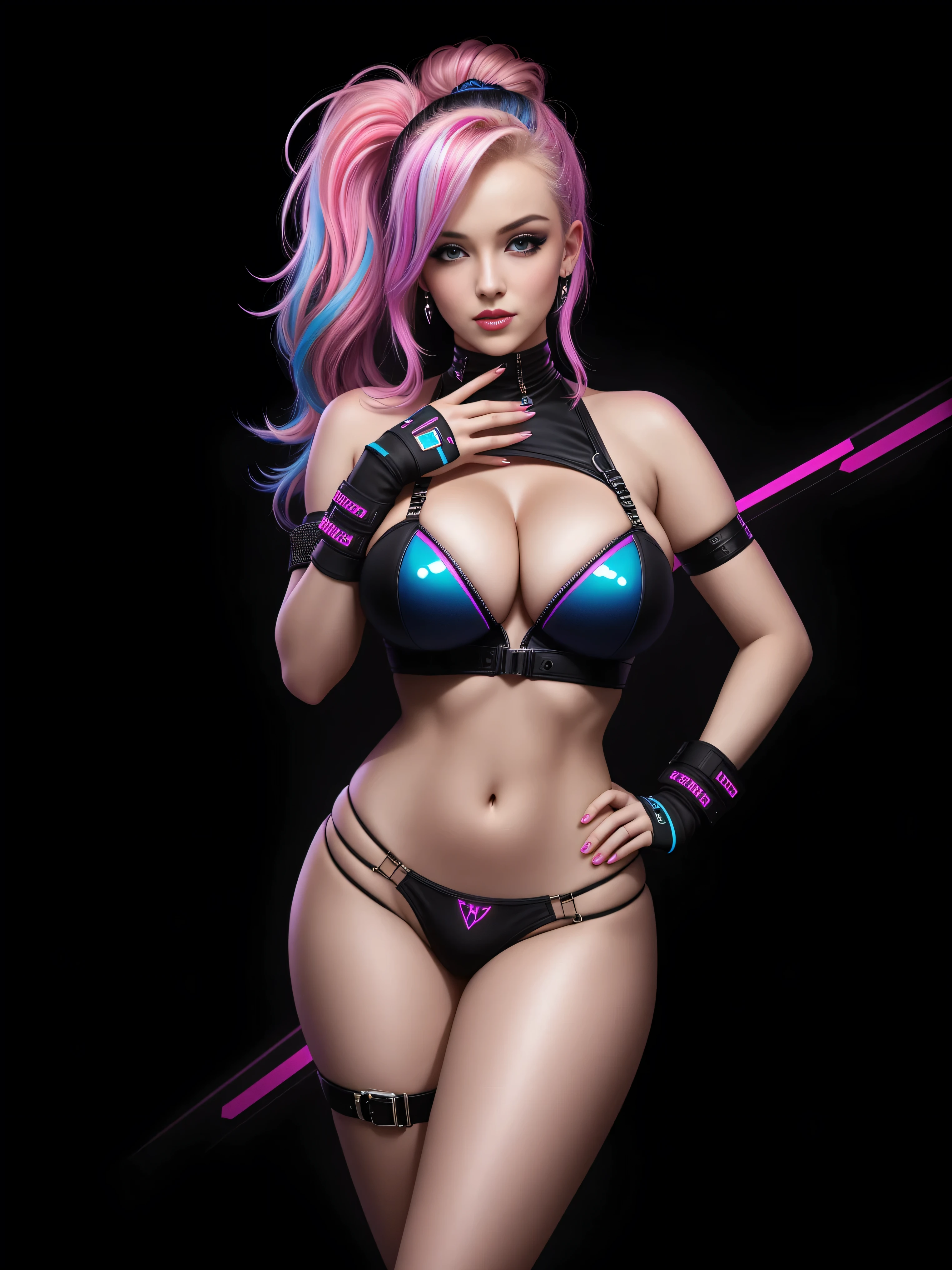 there is Marilyn Monroe, royal blue and bright purple neon streaked hair, hair in pony tail, 3 d neon art of a womans body, neon-noir background, cyberpunk femme fatale, seductive cyberpunk dark fantasy, cyberpunk strip clubs, cyberpunk 20 y. o model girl, oppai cyberpunk, banner, high definition cgsociety, cgsociety masterpiece, trending on cgstation, kda, random hair, looking at camera, gigantic breasts, cleavage, (high detailed skin:1.2), 8k uhd, dslr, super lighting, high quality, film grain, high res, highly detailed, hyper realistic, beautiful face, beautiful body, beautiful eyes nose lips, alluring expression, very bold, upper visible, full body photo, standing legs apart, pale translucent glowing skin, most beautiful face, cute, (well defined pubic hair:1.2)), (dark plain black background:1.4))