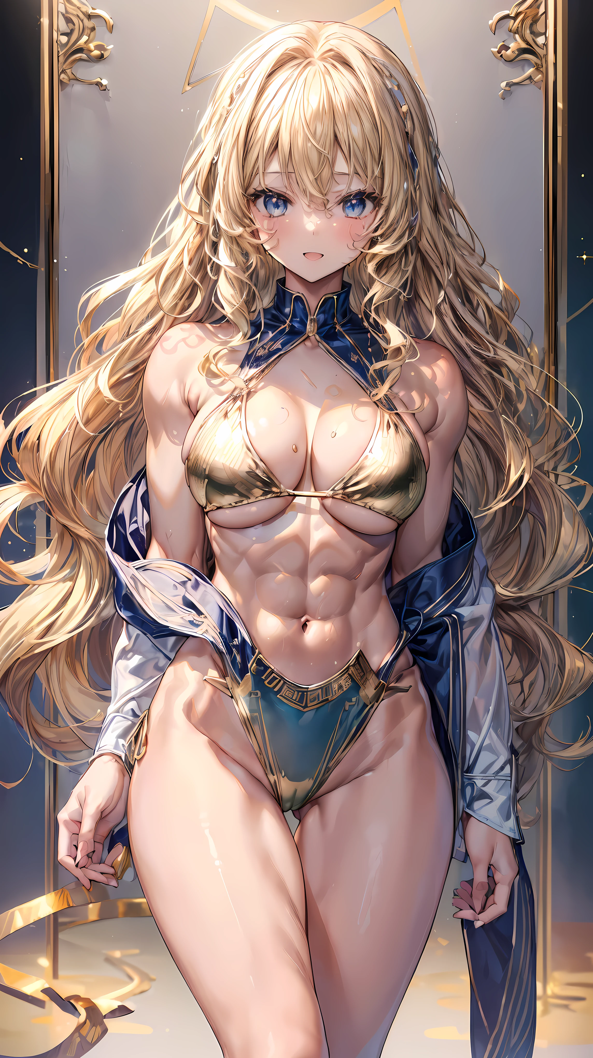 (Adult women:1.5)、Very detailed、highest quality、Best image quality、masterpiece、8k、Anime Face、A kind smile、(Open your mouth:1.3)、Sparkling blue eyes、(Blonde Wavy Hair:1.5)、、Muscles of the whole body、(High leg:1.5)、Thigh belt、(Wearing a gold bikini:1.5)、(Cowboy Shot:1.5)、SFW Giant