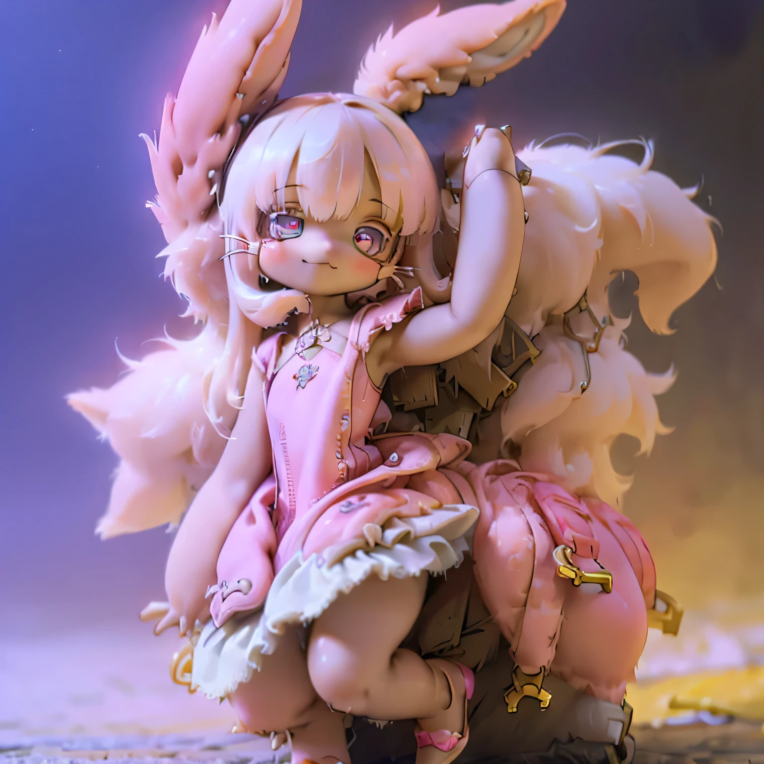 in the garden, Smiling Girl, Similar to Nanachi from Made in Abyss. She is beautiful, Beautiful eyes and lips. Girls (((Chibi Style,))) . The image quality is of the highest quality, Highly detailed and realistic features. The medium of the artwork is、A combination of illustration and photorealistic rendering.. The colors are vivid、The lighting creates a warm and bright atmosphere。Casual Full Body(((((Cute pink dress)))))Contrasting