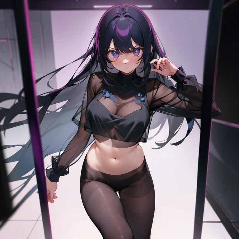 Wearing a very thin, see-through black undergarment and only thin black tights