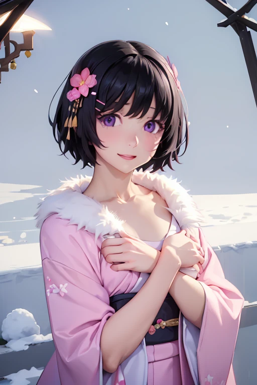 Very detailed CG Unity 8K wallpaper, Cute One lady, Mature hair、lady ,beautiful lady, pale skin (Super masterpiece, Beautiful person, well detailed face polluted smile, Photorealistic, hyper realisitic), Colorful winter kimono in pink and white colors、(white fur)、Japanese Style Hair Accessories、smile、Japanese background with light pink flowers and snow、Portrait、(ref Eyes)、(flat chest:1.3)、(Glowing Skin:1.7)、Detailed eyes、Big eyes、Open your mouth、Hide your arm、
(hanekawa02:1.5, short hair, black hair, hair ornament, purple eyes, hairclip)