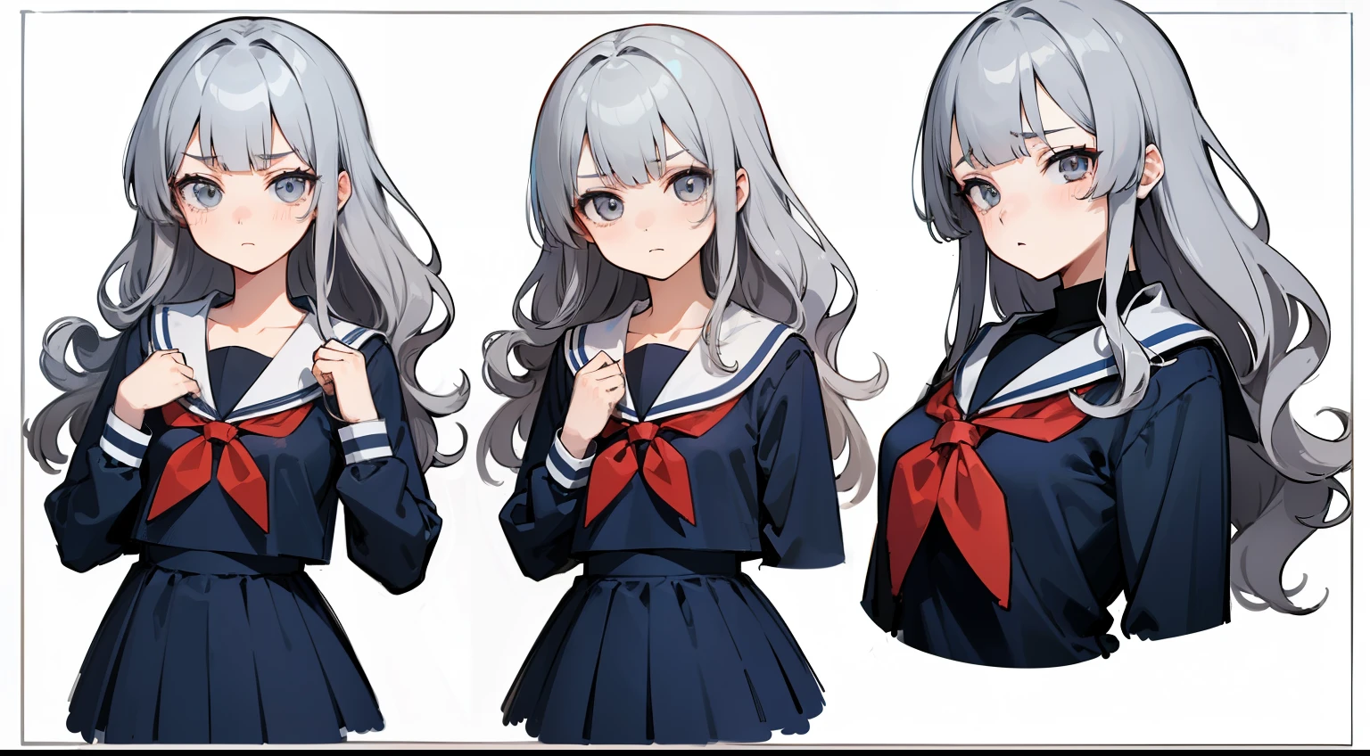 ((masterpiece, highest quality)), Detailed face, Character Sheet, whole body, Full of details, Various poses and expressions, Very detailed, depth, Many parts, One girl, , seifuku, Sailor suit, Long sleeve, Grey Hair, Wavy Hair, Long Hair, Blunt bangs, Otaku, Flat Chest, Angry expression