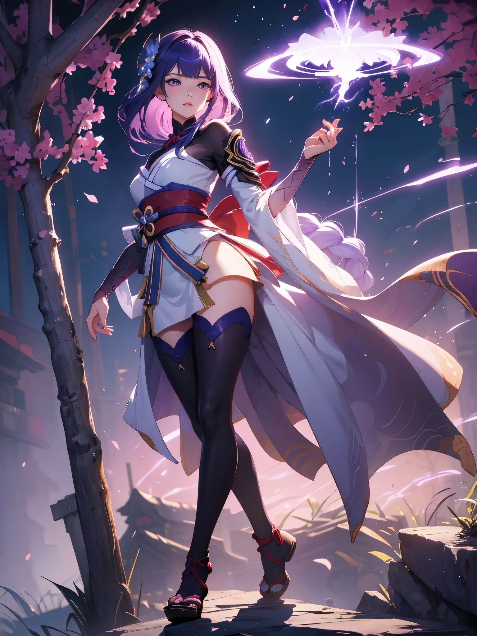 ((Full body image:1.4))Japanese Shrines, (Highest quality,Realistic,masterpiece:1.2,8k wallpaper:1.2),((Pale skin)),One Girl,women only,((Genshin Impact_Impact,General Raiden)),Lightning Particles,Purple Lightning,Light background,cherry blossoms,Purple Theme,Delicate facial features,Sexy and beautiful anime girls,General Raiden,Long purple hair,Rosy lips,Anime Mouth,shut up.,(Very sad face),fine grain,large breasts, Beautiful cleavage