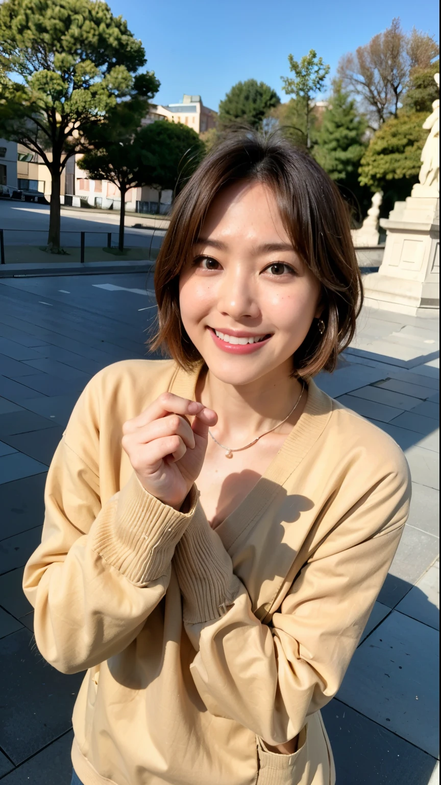 (highest quality, 8k, 32k, masterpiece, Ultra-high resolution:1.2),Beautiful Japanese Women Photos, Large Breasts, Very short bob hair,whole body,White sweater, necklace, Simple Background, From above, View your audience,smile、（Hungary、Budapest:1.4）、（old Town:1.2）、（In front of the fountain in the park：1.2）、（Illuminated by the morning sun：1.4）