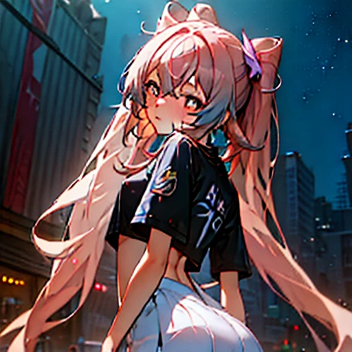 masterpiece, best quality, HuTaoV4, 1girl, solo, blush, twintails, long hair, hair between eyes, ((streetwear clothes)), city, outdoors, night, movie poster, extremely detailed 8K, smooth, high resolution, ultra quality, cinematic lighting, ambient occlusion, hd, 2k, 4k, 8k, 16k, extremely detailed anime, detailed faces, perfect composition, wide shot, atmospheric lighting, very sexy, lift skirt, random low back angle, uncensored, nsfw, sin censura