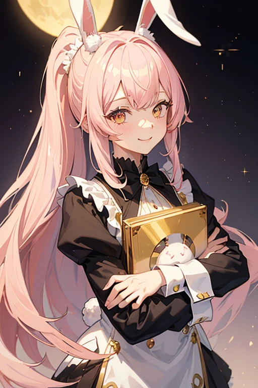 (masterpiece), best quality, (gentle smile), rabbit girl, (bunny ears:1.2), (long pastel pink hair:1.2), (hair bangs), (hair hiding ears), (ponytail), (no visible human hears:1.2), (golden eyes:1.2), (fluffy bunny tail), (wearing black stage magician clothing), (black top hat), (soft smile), moon background