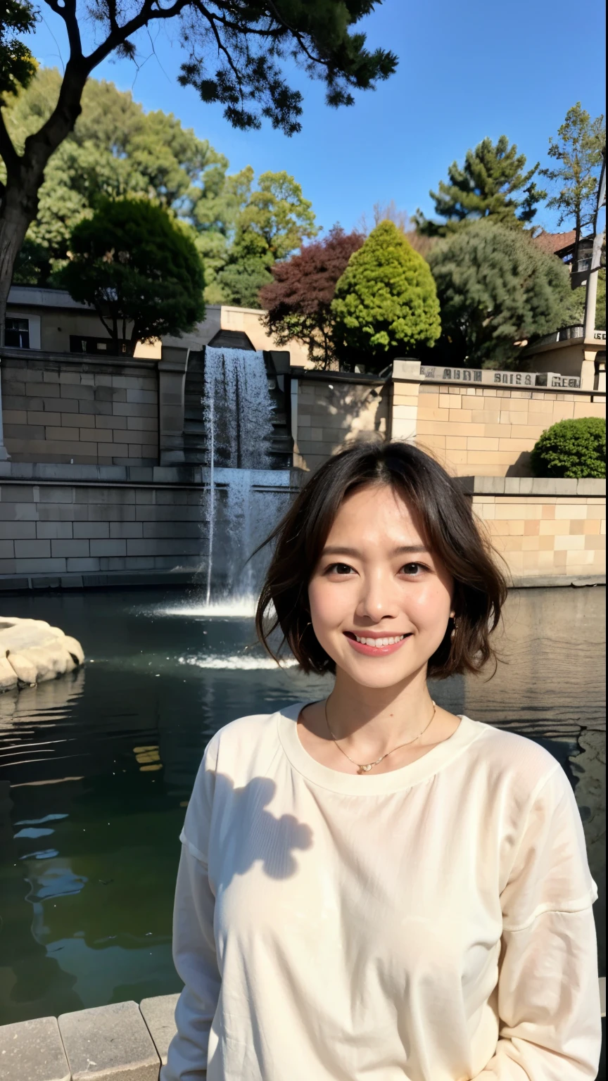 (highest quality, 8k, 32k, masterpiece, Ultra-high resolution:1.2),Beautiful Japanese Women Photos, Large Breasts, Very short bob hair,whole body,White sweater, necklace, Simple Background, From above, View your audience,smile、（Hungary、Budapest:1.4）、（old Town:1.2）、（In front of the fountain in the park：1.2）、（Illuminated by the morning sun：1.4）