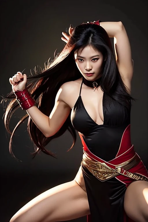 Elegan..femenin..black long hair..martial art.. epic.. heroes fighting demon.. bizzare