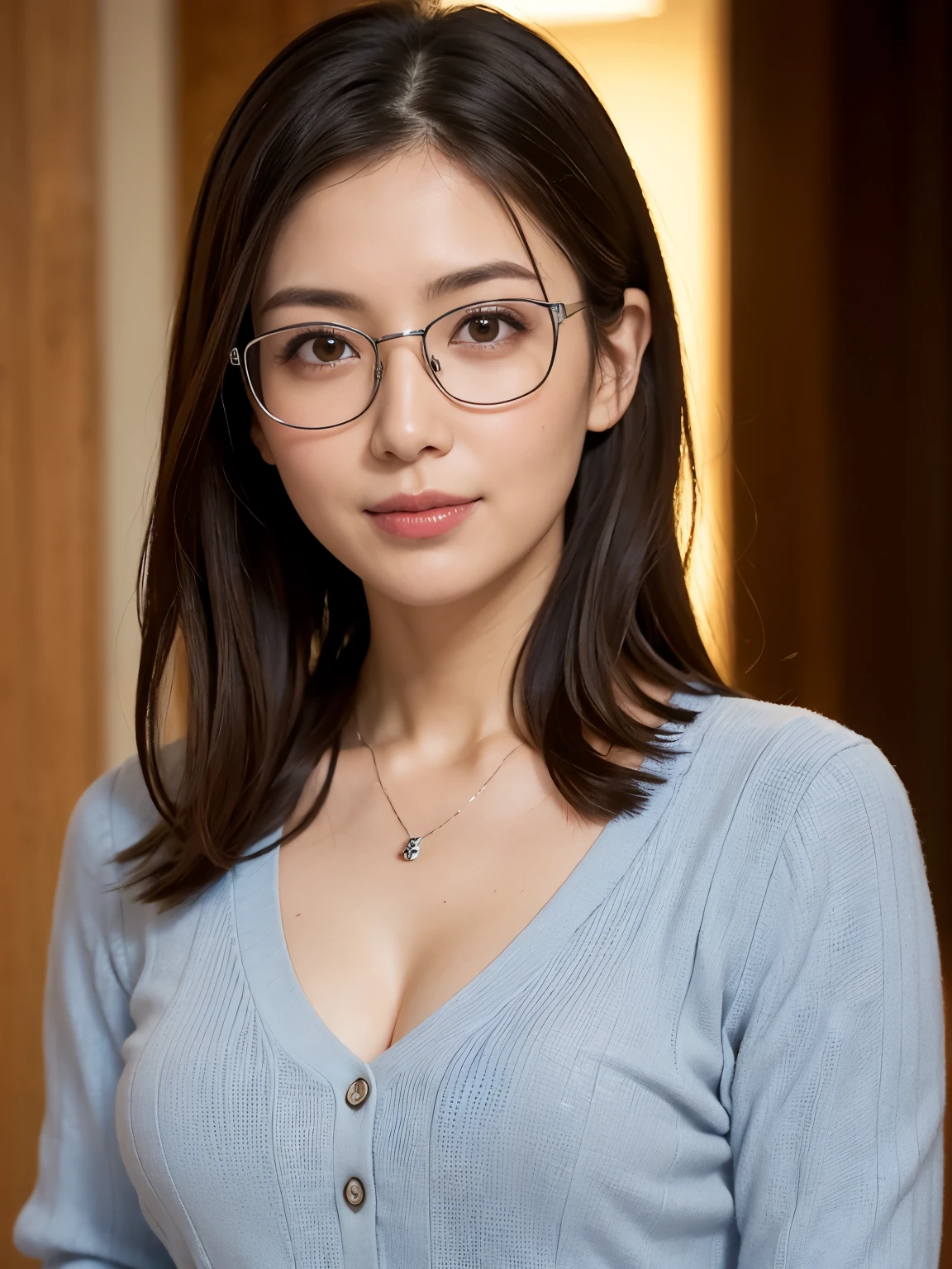 8k, highest quality, masterpiece, Realistic, Photorealistic, Ultra-detailed, Natural light, Shapely breasts, I can see her cleavage, 1 person, 35-year-old woman, Black Hair, Beaver, Straight Hair, Silver-rimmed glasses, (Look at the viewers), pendant, Light blue knit V-neck shirt, Highly detailed face and skin, Detailed eyes, Highly detailed face and skin