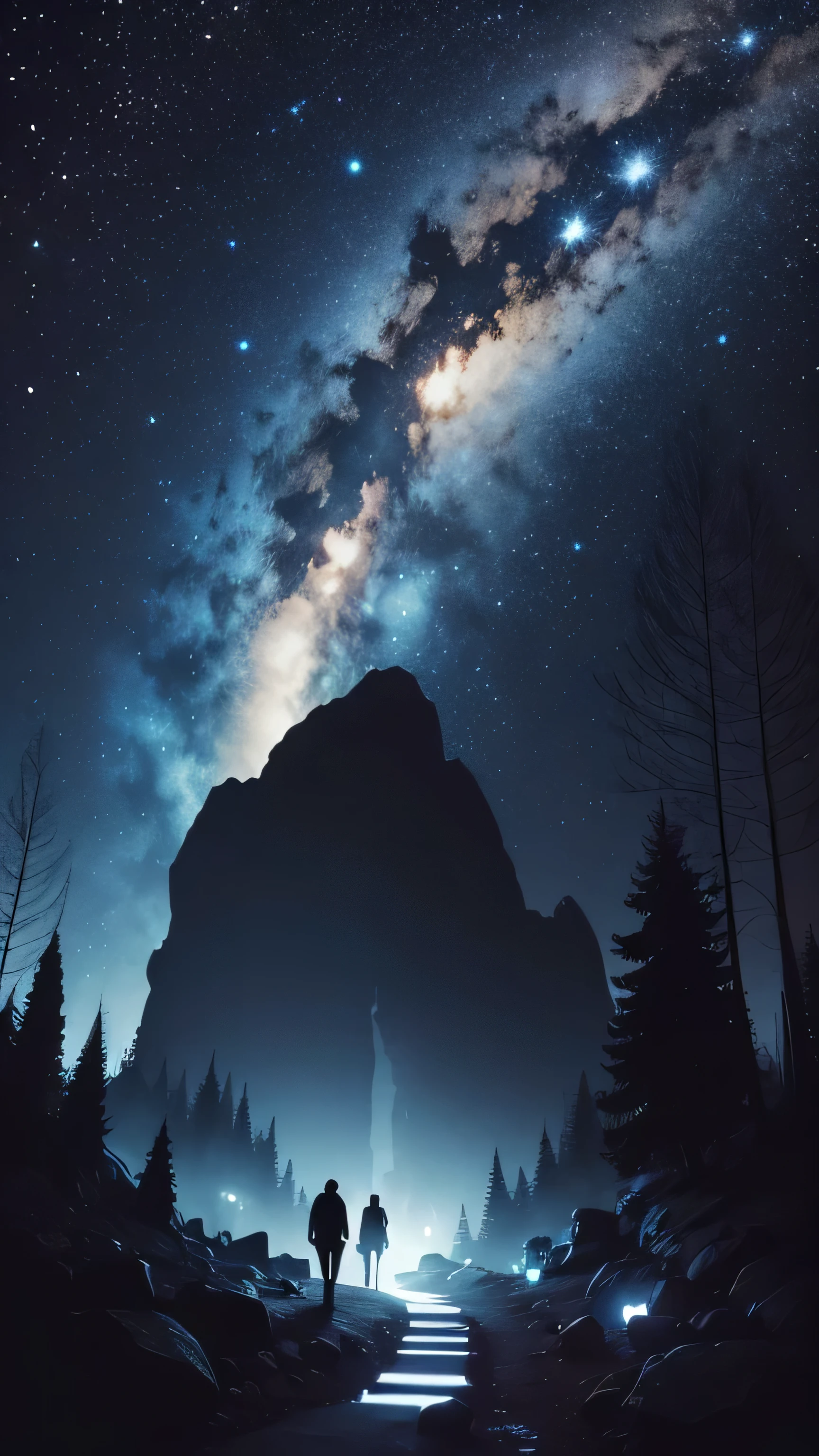 cave, forest, night sky, people siluette, 8k