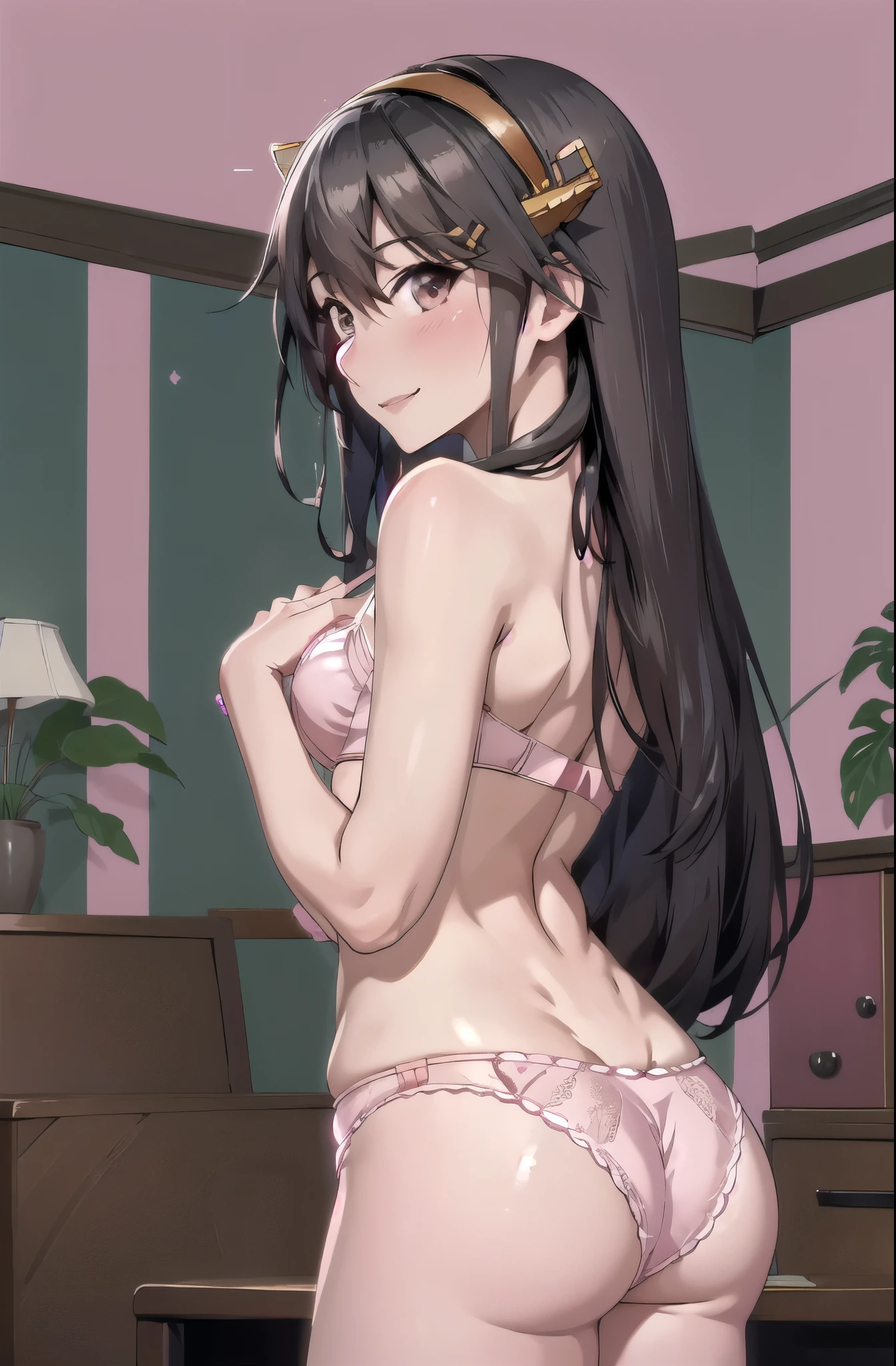 highest quality, masterpiece, High resolution, alone, {Aaron_Kantai Collection:1.15}, black_hair, length_hair, hair_ornament, hairband, Brown_eye, hairclip, blush, smile, headgear, chest, , hair_between_eye,, ((Office Background, Living Room Background))(Pink Panties), (pink bra), (Pink underwear), (Flashy underwear), (lingerie), Fully nude, From behind