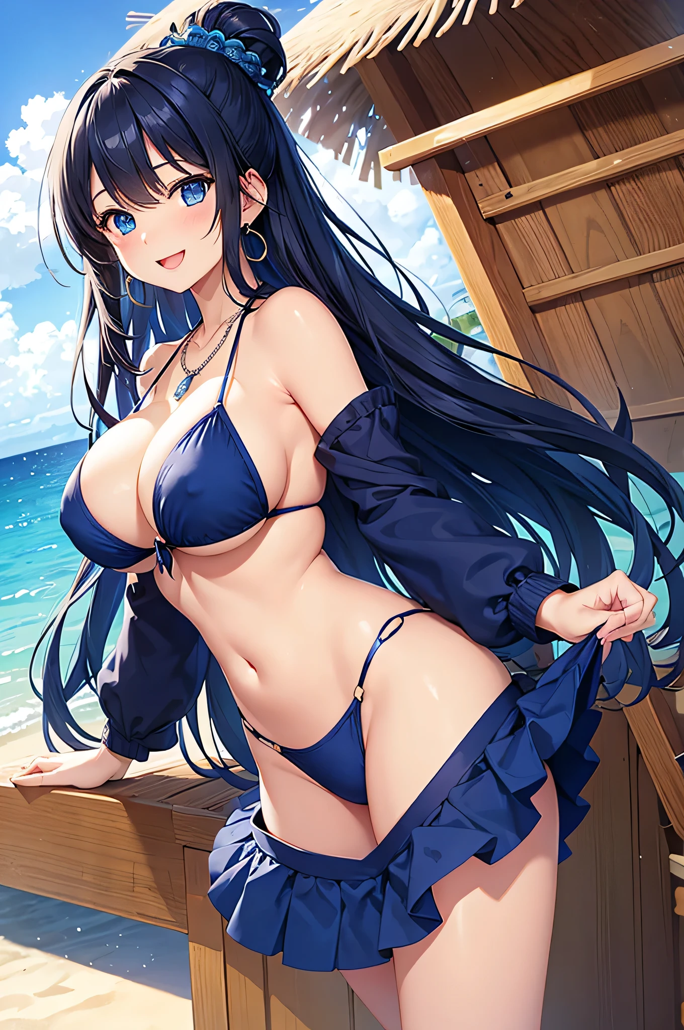 highest quality、Best image quality、masterpiece、beautiful girl、Navy blue long hair、blue eyes、Navy Blue Bikini、Big cleavage、(Big Breasts)、smile、blue necklace、Blue Earrings、background(Beach)、Sexy pose、Please open your mouth wide、Navy Blue Skirt