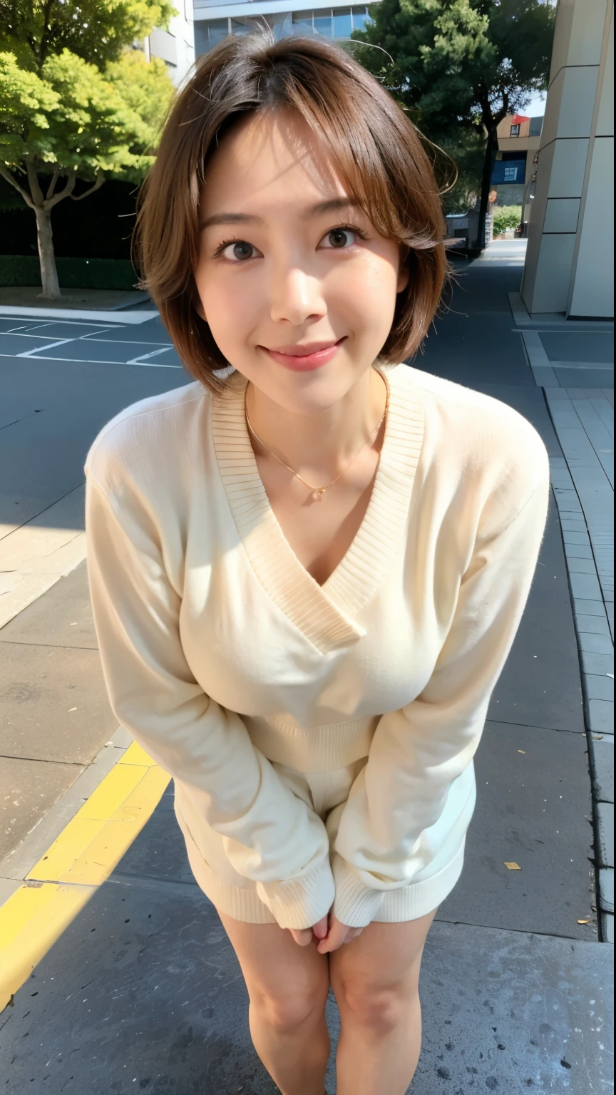 (highest quality, 8k, 32k, masterpiece, Ultra-high resolution:1.2),Beautiful Japanese Women Photos, Large Breasts, Very short bob hair,whole body,White sweater, necklace, Simple Background, From above, View your audience,smile、（Hungary、Budapest:1.4）、（old Town:1.2）、（In front of the fountain in the park：1.2）、（Illuminated by the morning sun：1.4）