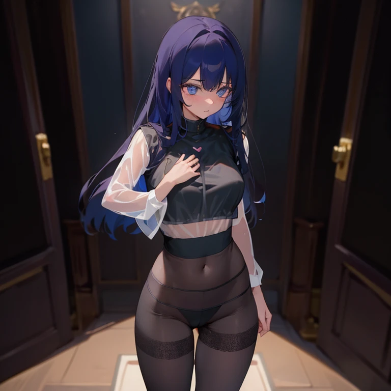 She is wearing only a very thin, see-through black undergarment and thin black tights. first round