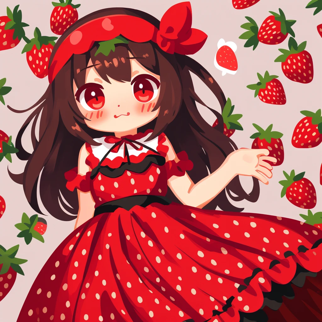 Cute strawberry, with one cute , red dress, strawberry dress and headband red eye with a blush