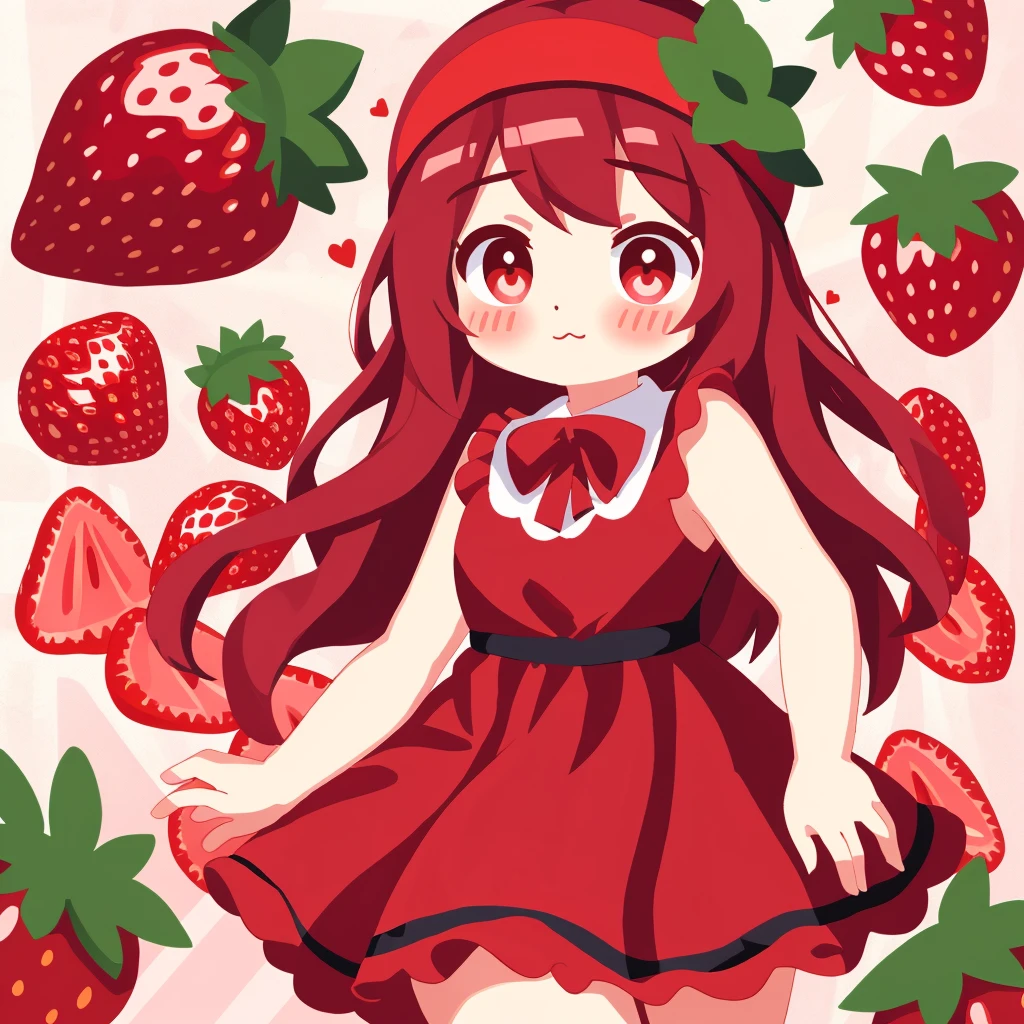 Cute strawberry, with one cute , red dress, strawberry dress and headband red eye with a blush