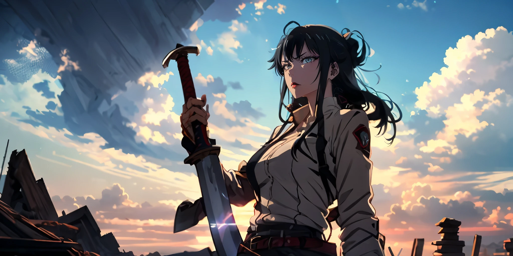 yukinoshita yukino, (long hair, black hair:1.6), grey eyes,  anatomically correct, heavy breathing, huge breasts,  breast press, weapon, sword, cloud, 1girl, sky, long_hair, cloudy_sky, outdoors, jacket, belt, solo, holding, (shaded face:1.2), hollow eyes, grey eyes, looking at viewer, heavy breathing, expressionless, glowing eyes, lipstick,