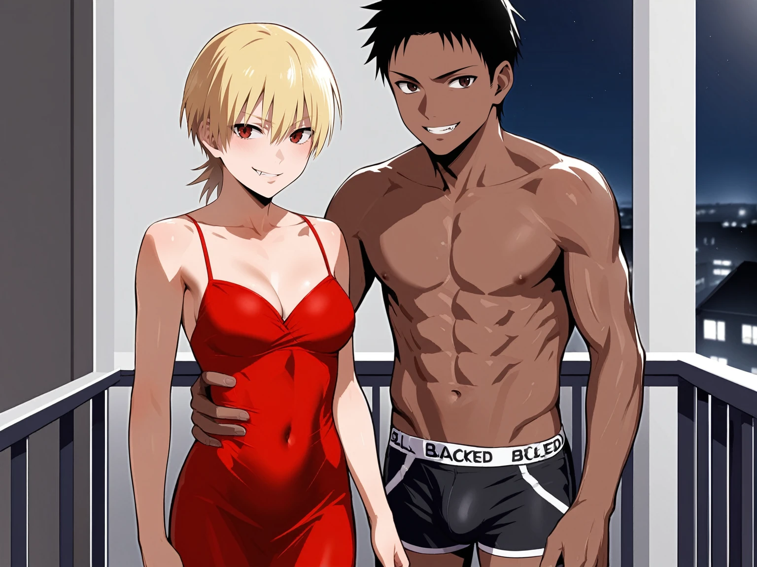 score_9, score_8_up, source_anime, standing, hellsing, seras, blonde hair, nude, indoors, night, night sky, nighttime, vampire, smirk, fangs, ikuchan, balcony, town background, clothed, male wearing shorts, muscular male, medium breasts, boyfriend, couple, sfw, looking at viewer, faceless male, dark skinned male, cuckold pov, ntr, netorare, standing side by side, standing, cuckolding, cuck, 1girl, 1boy, duo, ((duo focus)), black haired male, interracial, BLACKED, bbc, raceplay, smug, humiliation, ((faceless male)), ((size difference)), tall male, ((duo)), waist grab, ((dark skinned male))), gown, dress, bulge, rating:safe, navel, short dress, red dress