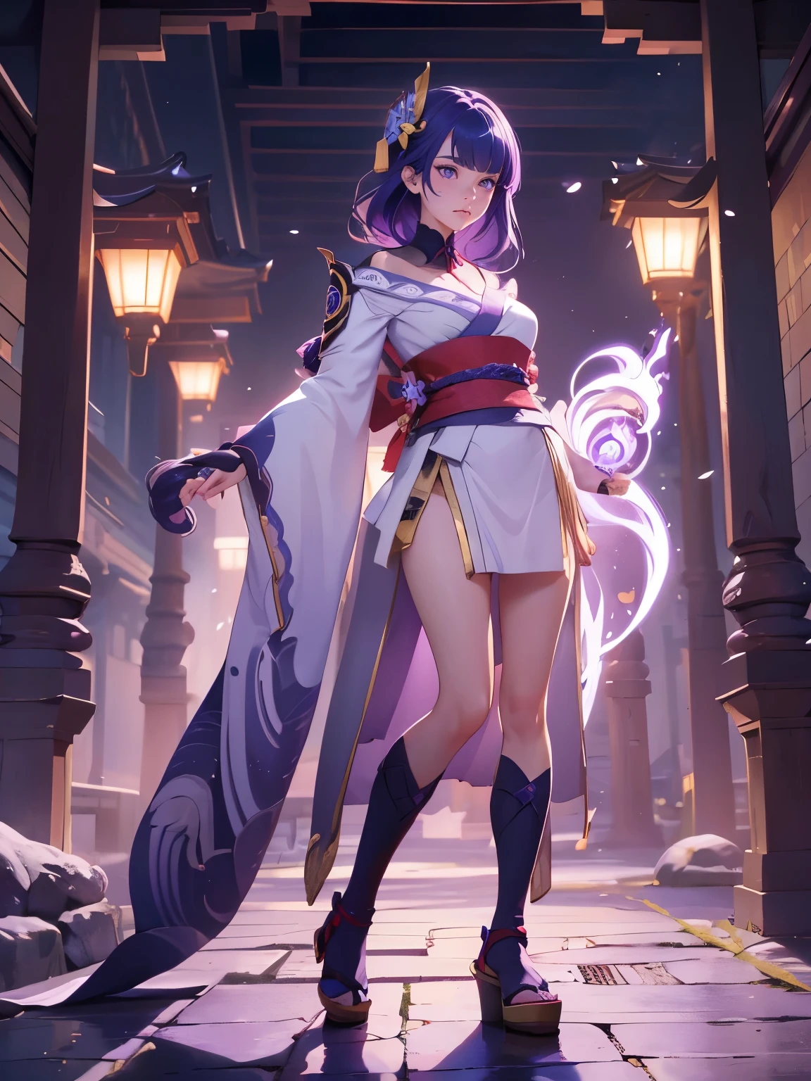 ((Full body images:1.4))Japanese Temples, (highest quality,Realistic,masterpiece:1.2,8k wallpaper:1.2),((Pale skin)),One girl,Solo Female,((Genshin Impact_Impact,General Raiden)),Lightning particles,Purple Lightning,Light background,Cherry tree,Purple Theme,Delicate facial features,Sexy and beautiful anime girls,General Raiden,Long purple hair,Rosy lips,Anime Mouth,Keep your mouth shut,(Very sad face),Fine grain,Big body type,
