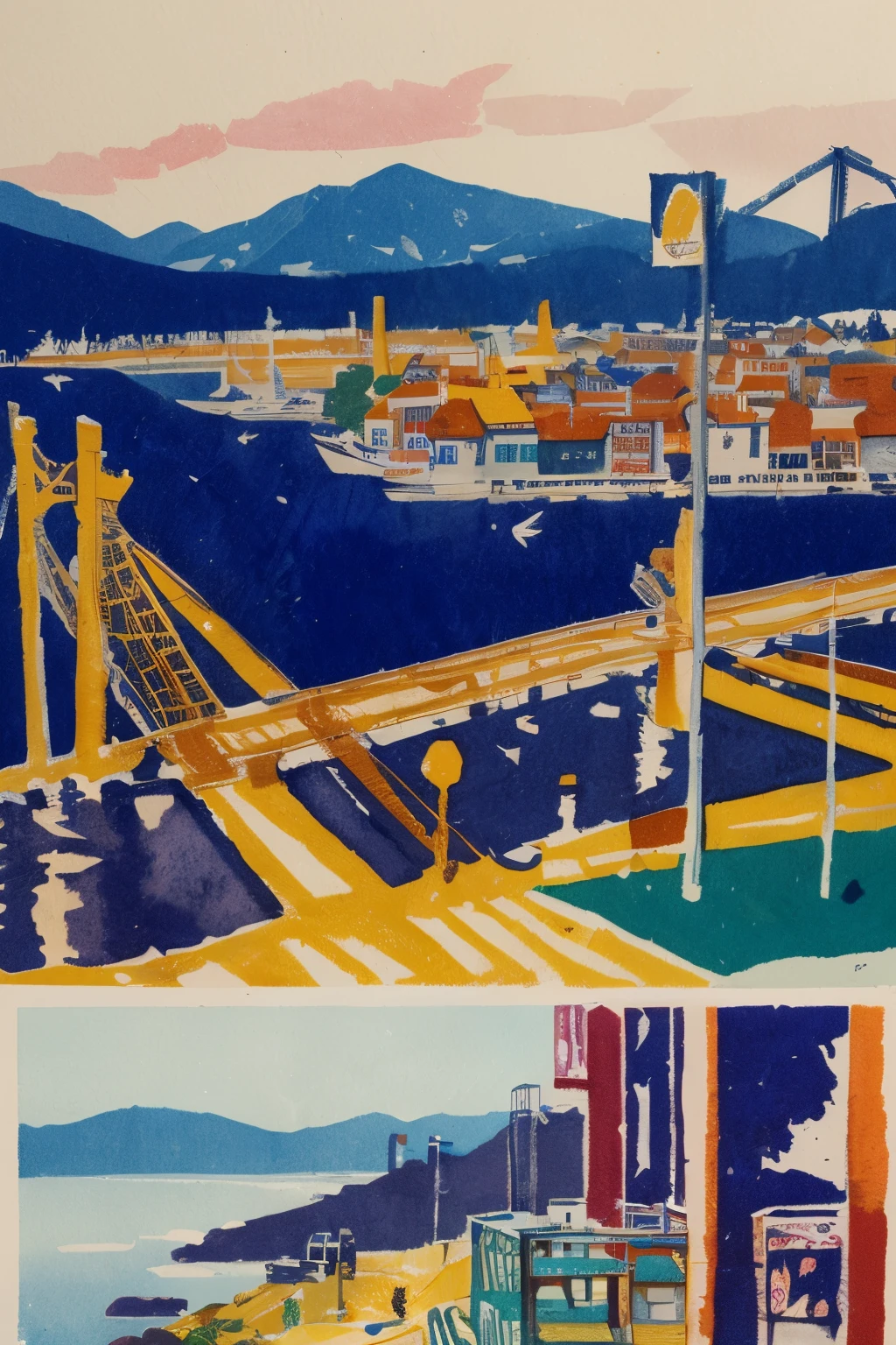 cyber punk, town, illumination, neon , island々, building, masterpiece, linoleum, Very detailed, Nice composition, FML, watercolor, landscape, nature, Outdoor, art, Basquiat style, Near future