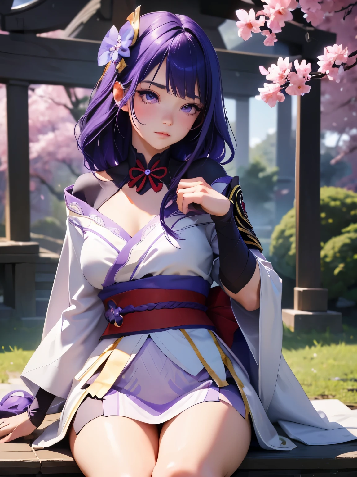 ((Images of people sitting cross-legged:1.4))Japanese Temples, (highest quality,Realistic,masterpiece:1.2,8k wallpaper:1.2),((Pale skin)),One girl,Solo Female,((Genshin Impact_Impact,General Raiden)),Lightning particles,Purple Lightning,Light background,Cherry tree,Purple Theme,Delicate facial features,Sexy and beautiful anime girls,General Raiden,Long purple hair,Rosy lips,Anime Mouth,Keep your mouth shut,(Very sad face),Fine grain,Big body type,