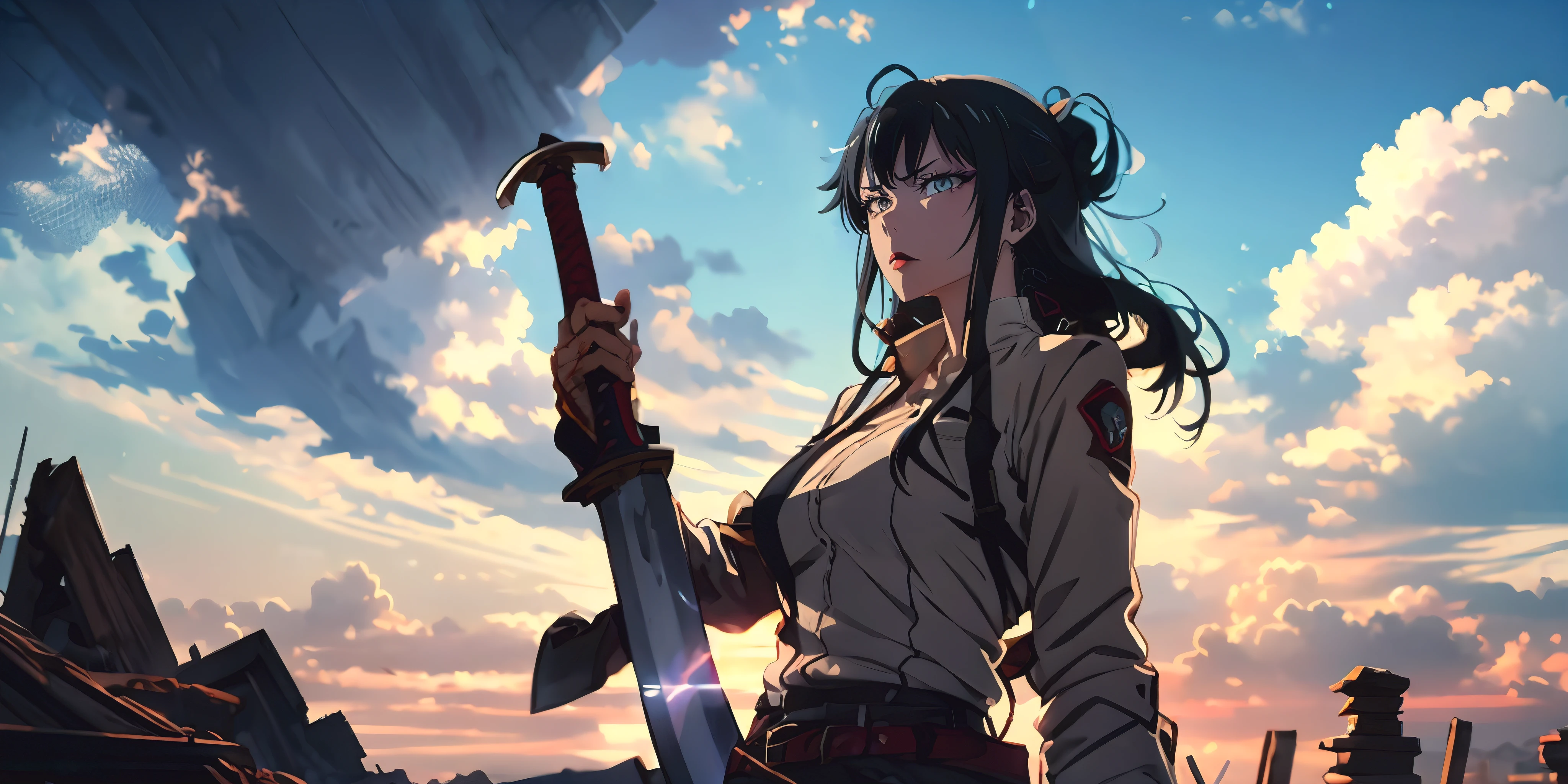 yukinoshita yukino, (long hair, black hair:1.6), grey eyes, anatomically correct, heavy breathing, huge breasts, breast press, weapon, sword, cloud, 1girl, sky, long_hair, cloudy_sky, outdoors, jacket, belt, solo, holding, (shaded face:1.2), hollow eyes, grey eyes, looking at viewer, heavy breathing, expressionless, glowing eyes, lipstick,