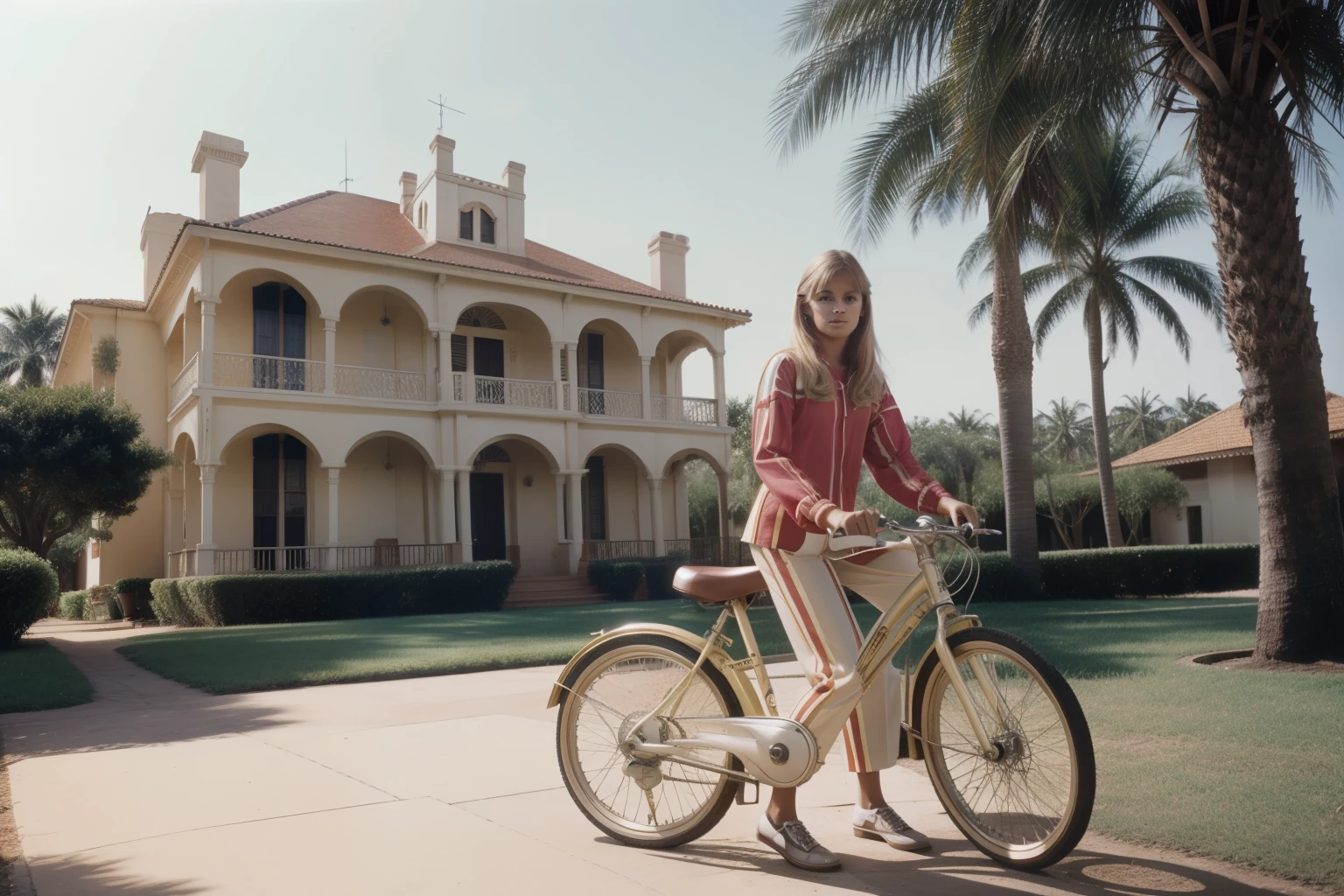 Tharsis, 1979. A young ((((17-year-old)) Carmela Estévez)), with a bike, in front of a victorian mansion, palm trees, ((((clothings from the 1970s)))), ((light blonde hairstyle of the 1970s)), colorful