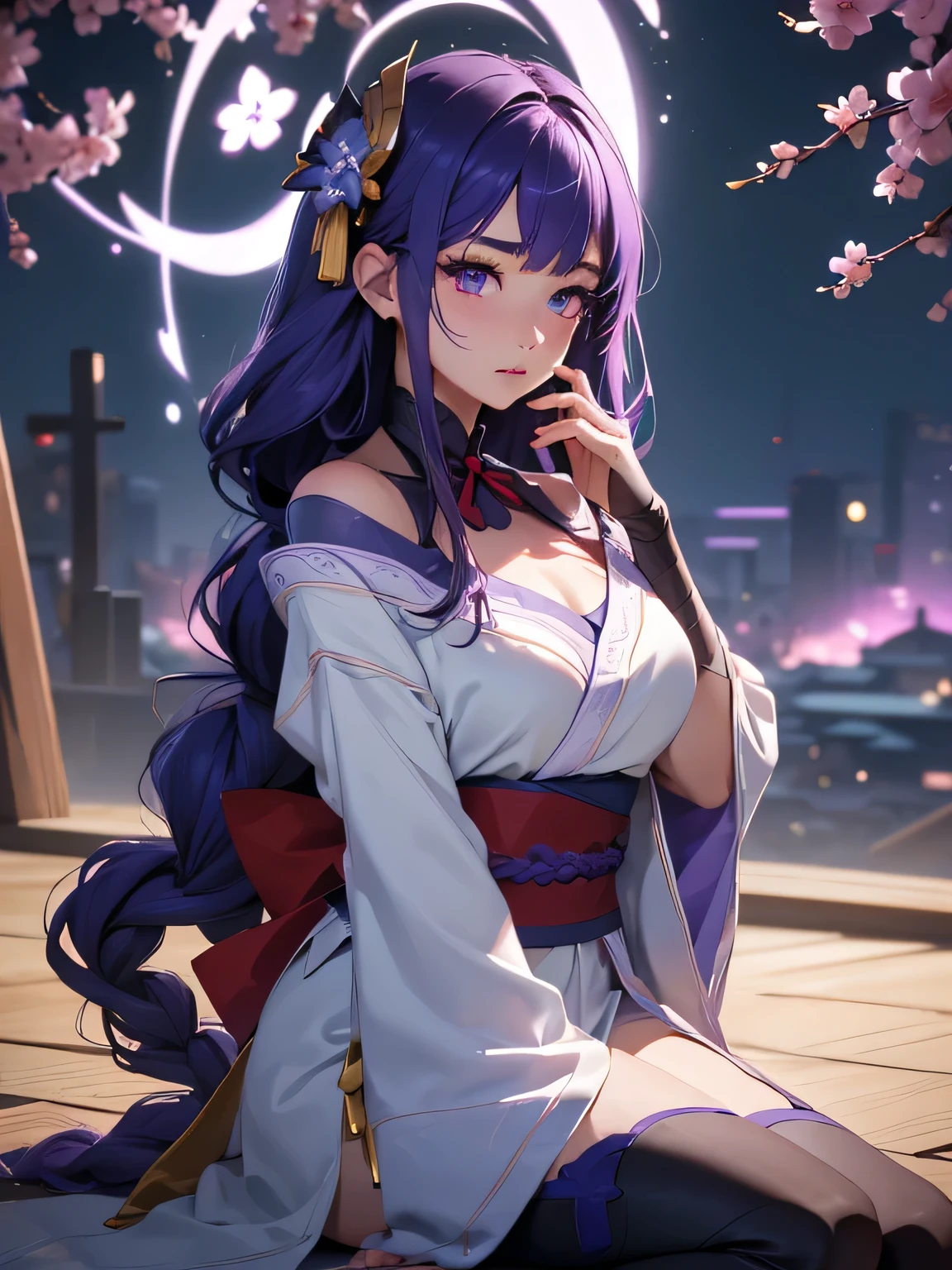 ((Images of people sitting cross-legged:1.4))Japanese Temples, (highest quality,Realistic,masterpiece:1.2,8k wallpaper:1.2),((Pale skin)),One girl,Solo Female,((Genshin Impact_Impact,General Raiden)),Lightning particles,Purple Lightning,Light background,Cherry tree,Purple Theme,Delicate facial features,Sexy and beautiful anime girls,General Raiden,Long purple hair,Rosy lips,Anime Mouth,Keep your mouth shut,(Very sad face),Fine grain,Big body type,