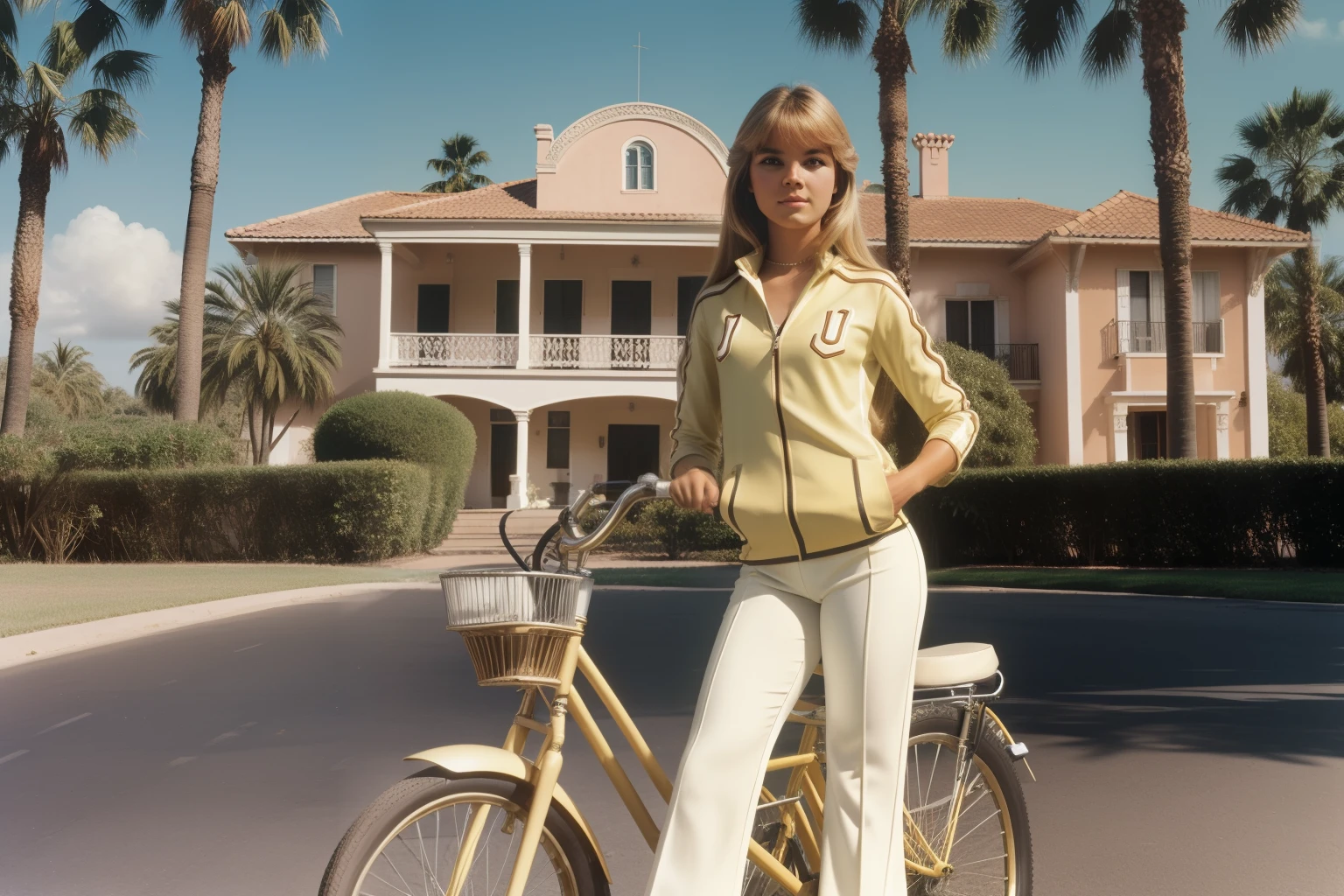 Tharsis, 1979. A young ((((-yeld)) mela Estévez)), with a bike, in front of a victorian mansion, palm trees, ((((clothings from the 1970s)))), ((light blonde hairstyle of the 1970s)), colorful