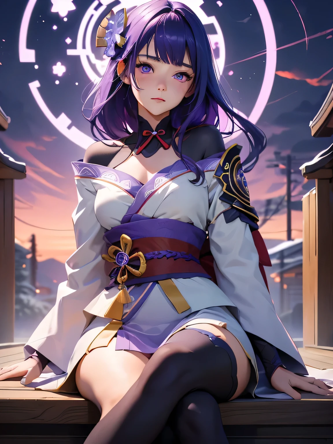 ((Images of people sitting cross-legged:1.4))Japanese Temples, (highest quality,Realistic,masterpiece:1.2,8k wallpaper:1.2),((Pale skin)),One girl,Solo Female,((Genshin Impact_Impact,General Raiden)),Lightning particles,Purple Lightning,Light background,Cherry tree,Purple Theme,Delicate facial features,Sexy and beautiful anime girls,General Raiden,Long purple hair,Rosy lips,Anime Mouth,Keep your mouth shut,(Very sad face),Fine grain,Big body type,