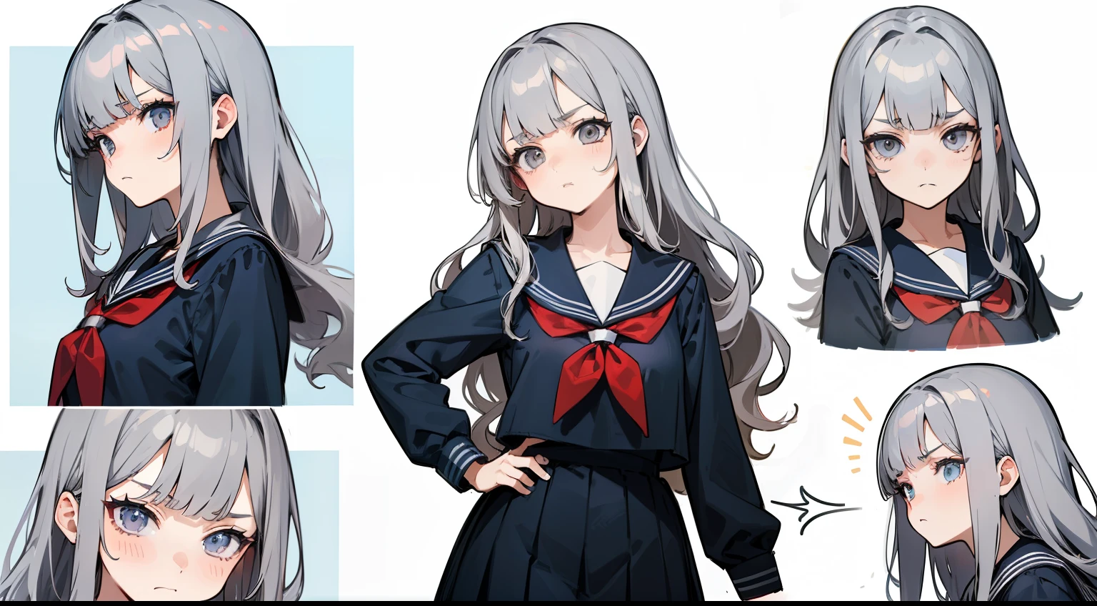 ((masterpiece, highest quality)), Detailed face, Character Sheet, whole body, Full of details, Various poses and expressions, Very detailed, depth, Many parts, One girl, , seifuku, Sailor suit, Long sleeve, Grey Hair, Wavy Hair, Long Hair, Blunt bangs, Otaku, Flat Chest, Angry expression