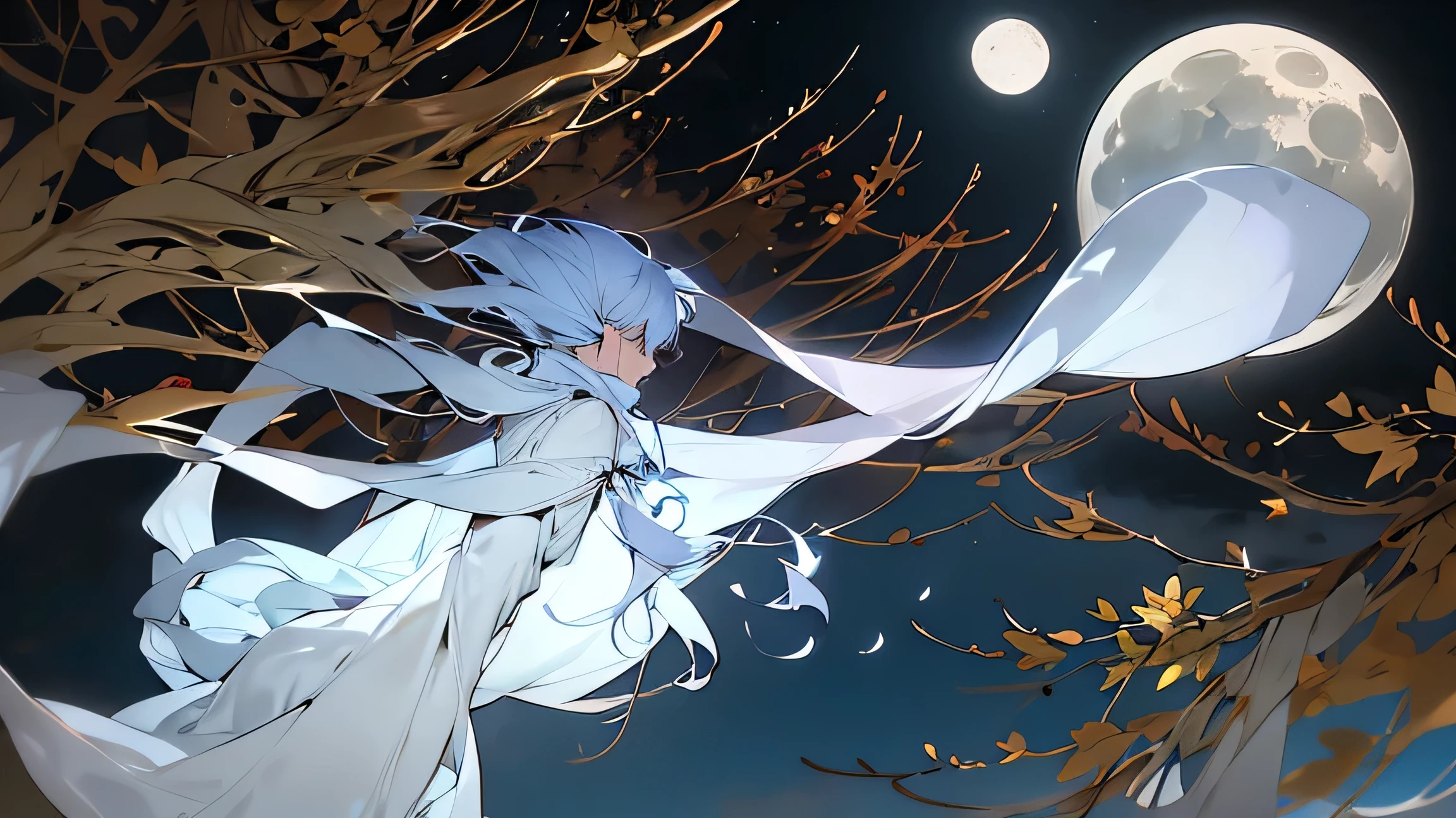 High definition　White cloth ghost　whole body　Flying in the night sky　The full moon fills the field of vision　Shrine grounds　You can't see your face with your hair