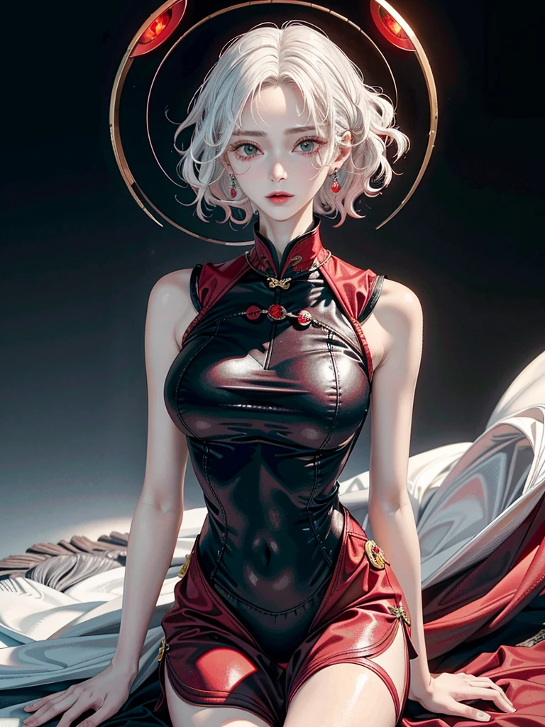 absurdres, RAW photo, extremely delicate and beautiful, masterpiece, Best Quality, ultra high resolution, 32k, hyperrealistic, ultra-detailed, perfect anatomy, anatomically correct, perfect figure, super Detailed skin, pale skin, 20 years old, very Slim body, narrow waist, very small head, very small face, delicate facial features, detailed face, detailed eyes, tearful mole, earring, thin legs, bare legs, (very huge round breasts), short medium hair, ((wavy hair)), wet clothes, (red and black cheongsam), sleeveless, White blonde hair,