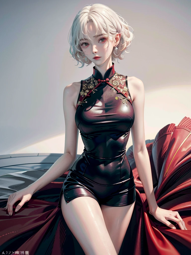 absurdres, RAW photo, extremely delicate and beautiful, masterpiece, Best Quality, ultra high resolution, 32k, hyperrealistic, ultra-detailed, perfect anatomy, anatomically correct, perfect figure, super Detailed skin, pale skin, 20 years old, very Slim body, narrow waist, very small head, very small face, delicate facial features, detailed face, detailed eyes, tearful mole, earring, thin legs, bare legs, (very huge round breasts), short medium hair, ((wavy hair)), wet clothes, (red and black cheongsam), sleeveless, White blonde hair,